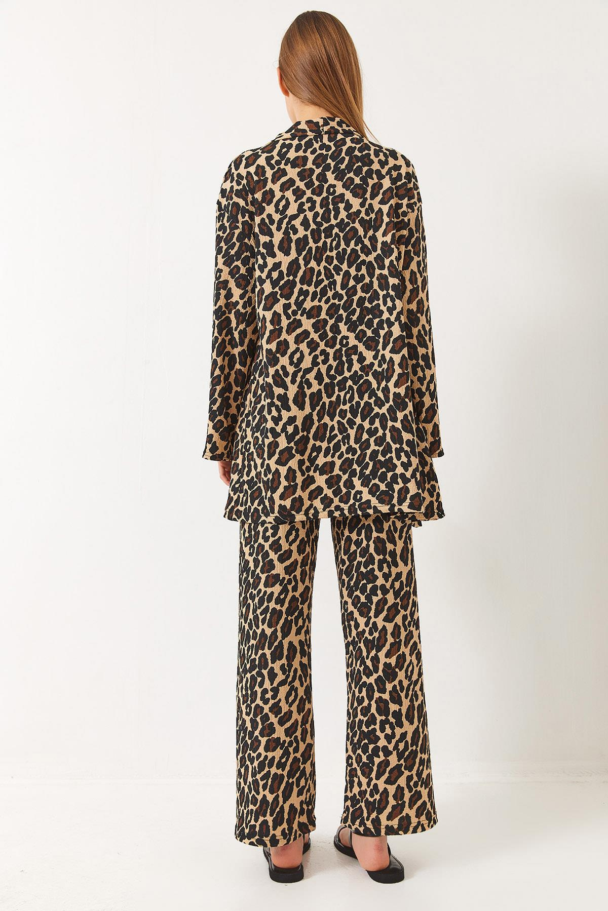 Beli Lastikli Leopar Desenli Bürümcük Kimono Alt-Üst Takım 0245 60284023 - Bej-Siyah
