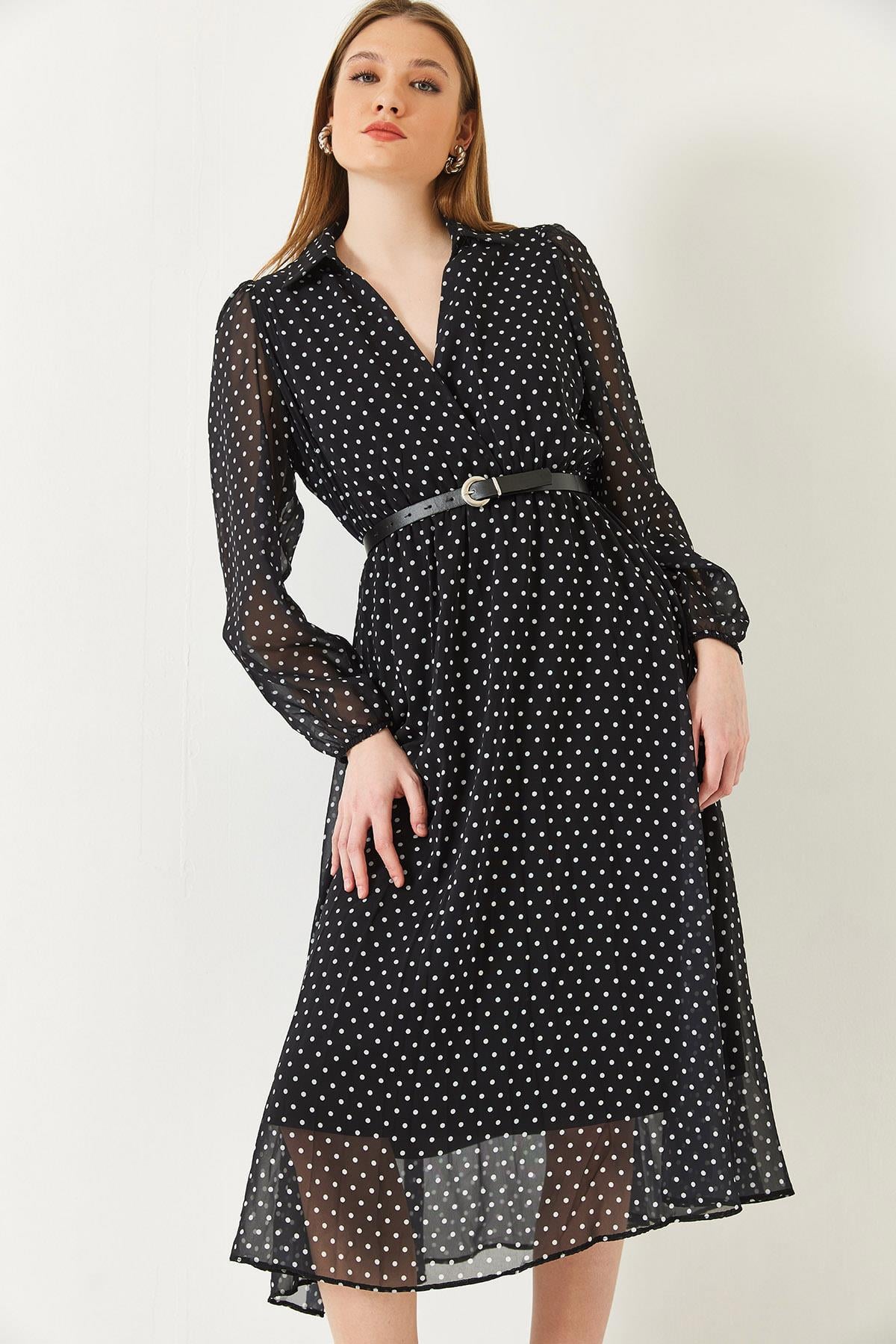 Beli Lastikli Puantiyeli Şifon Astarlı Midi Dokuma Elbise 70295 60271032 - Siyah ELBİSE modelleri