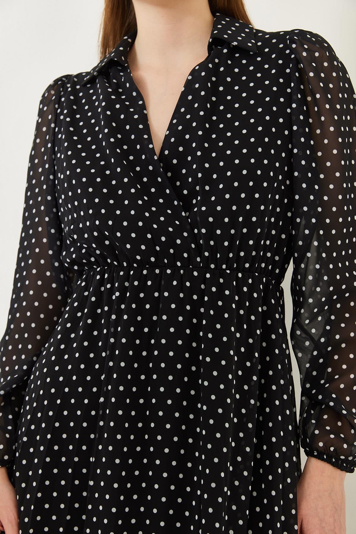 Beli Lastikli Puantiyeli Şifon Astarlı Midi Dokuma Elbise 70295 60271032 - Siyah ELBİSE modelleri
