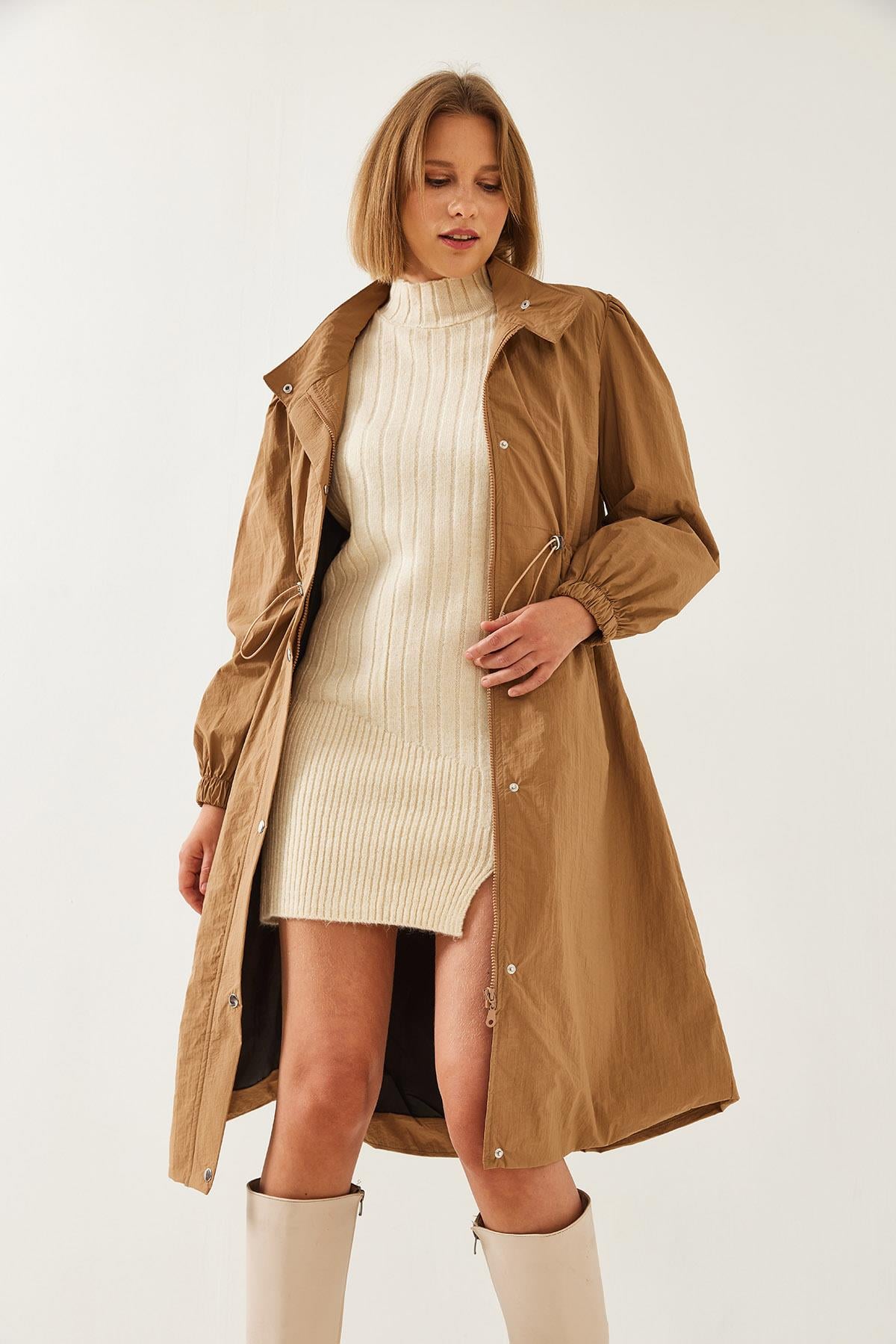 Beli Lastikli Uzun Yağmurluk 5939 60351240 - Camel