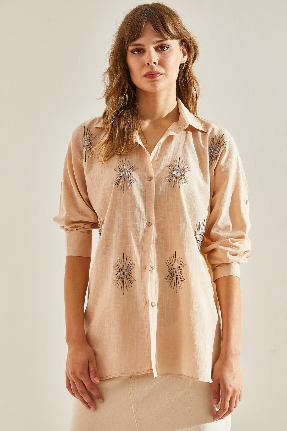 Bianco Lucci Modest Kadın Keten Göz Taşlı Sofya Keten Gömlek 60181016 - Camel GÖMLEK modelleri