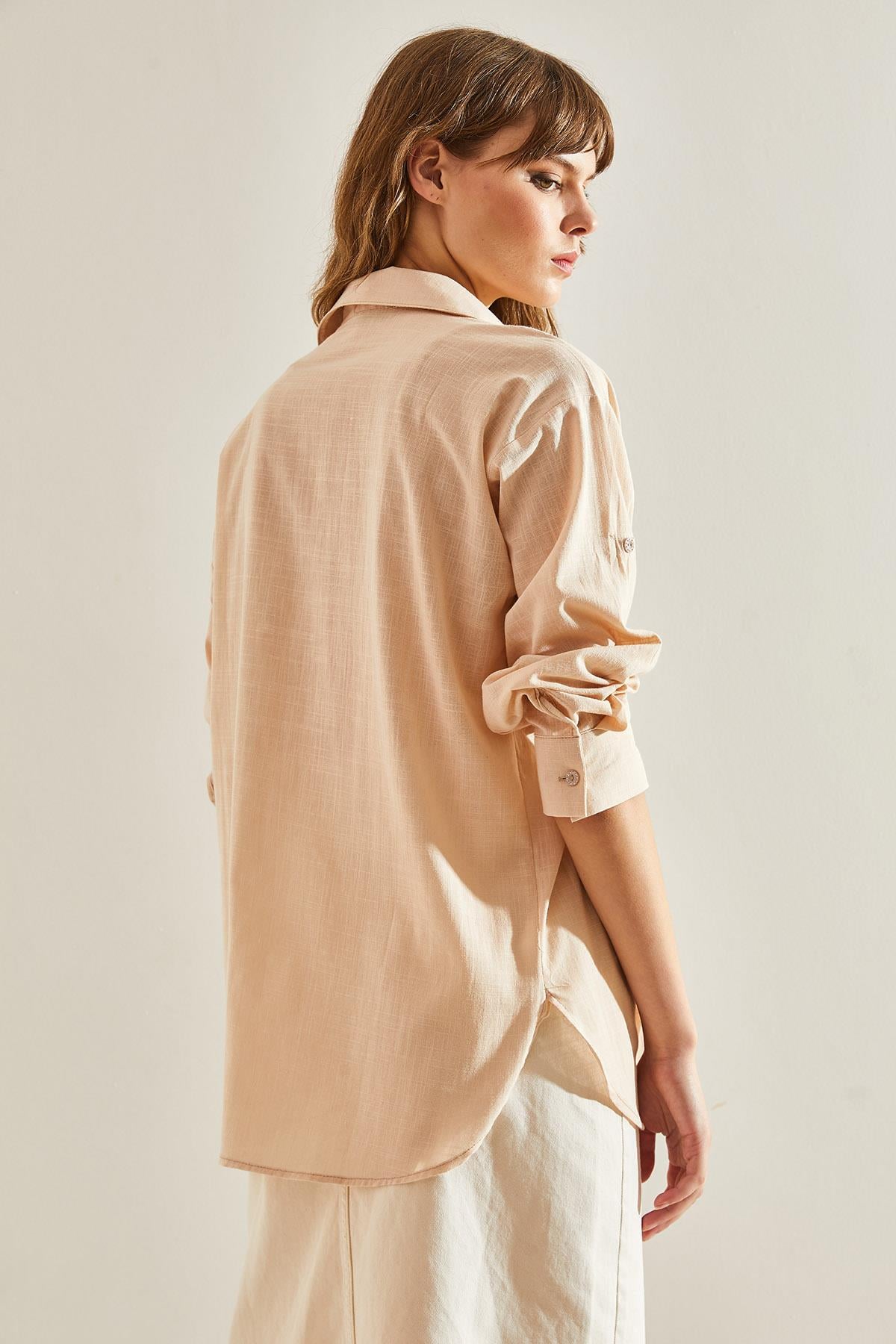 Bianco Lucci Modest Kadın Keten Göz Taşlı Sofya Keten Gömlek 60181016 - Camel GÖMLEK modelleri