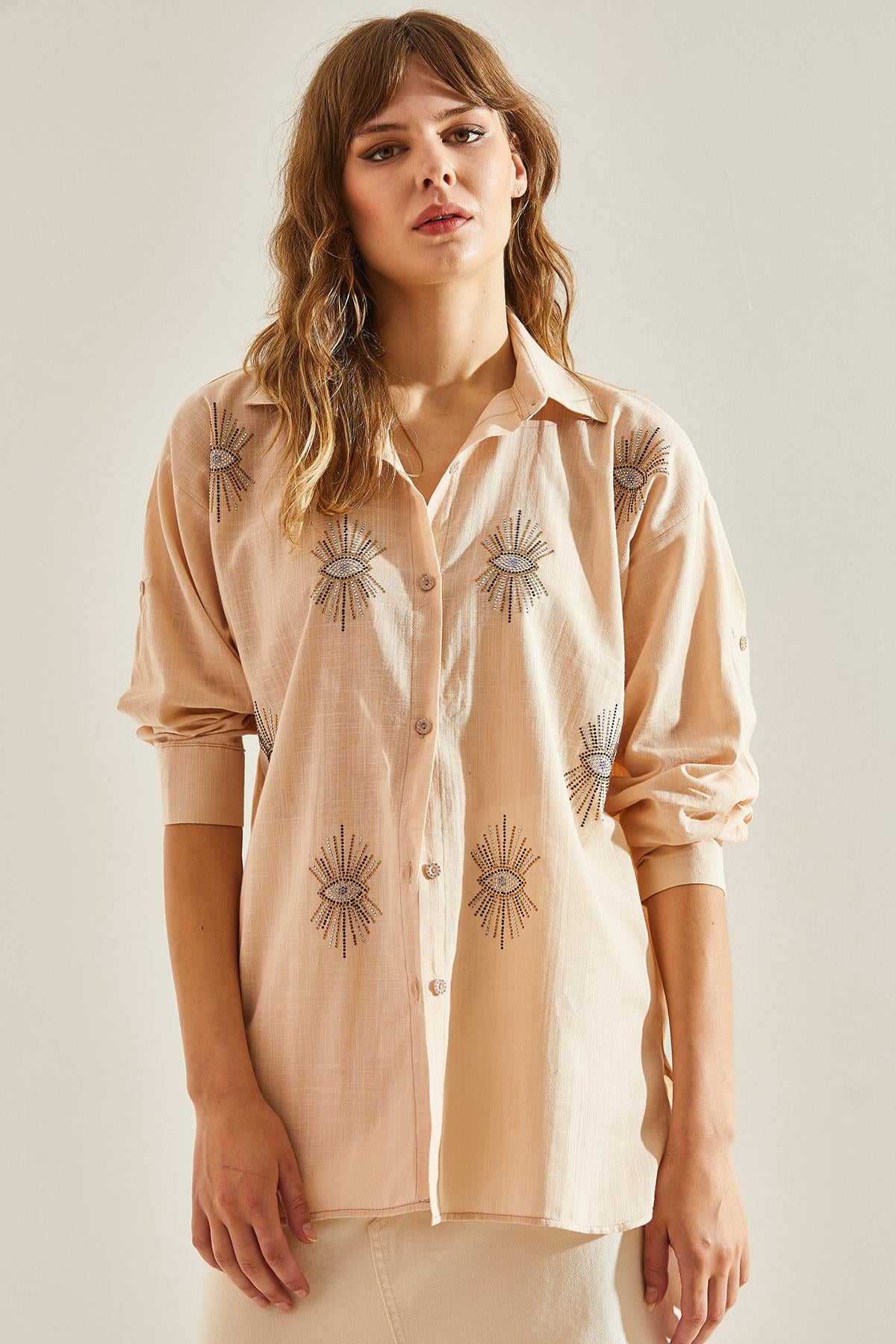 Bianco Lucci Modest Kadın Keten Göz Taşlı Sofya Keten Gömlek 60181016 - Camel GÖMLEK modelleri
