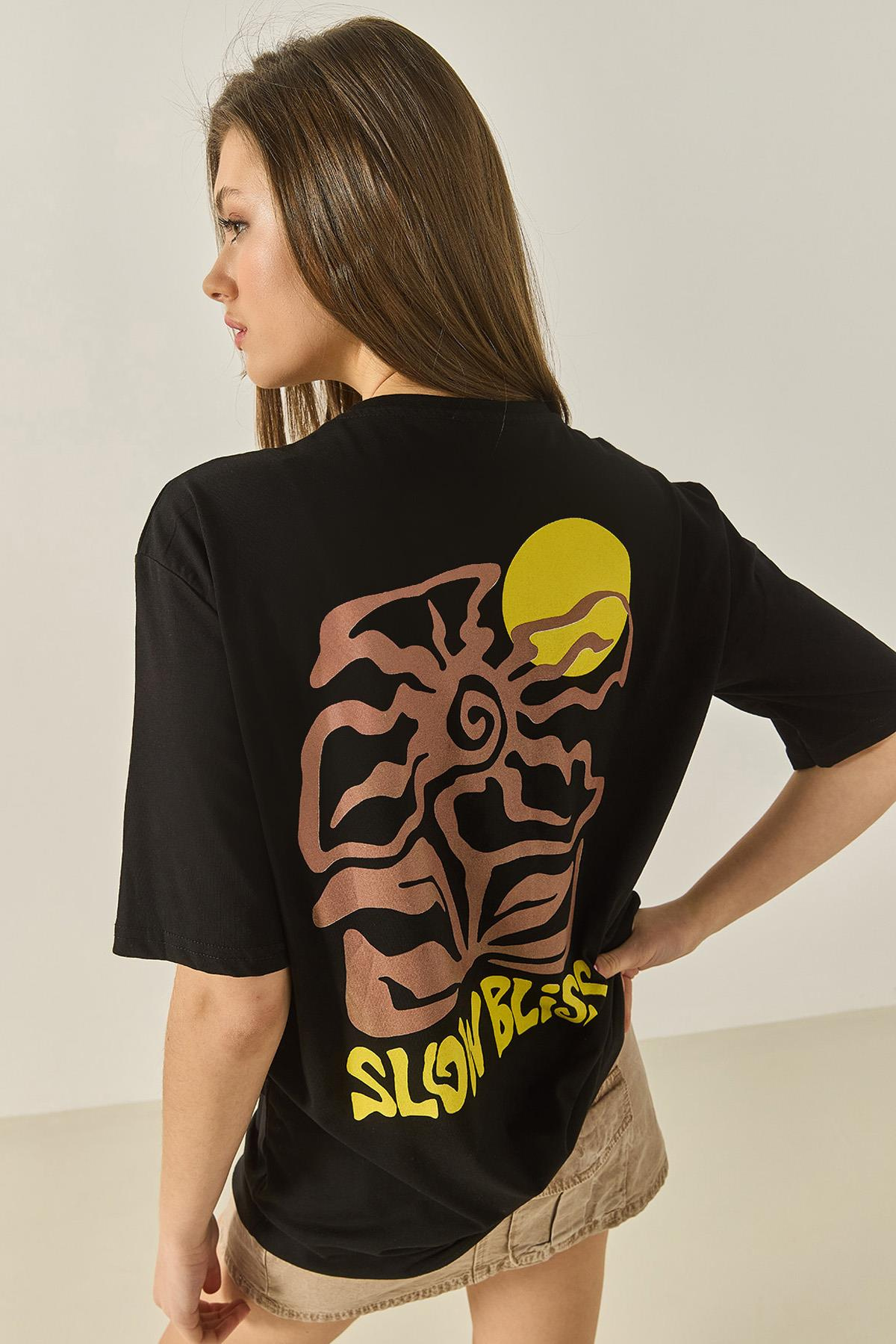 Bisiklet Çiçek Grafik Baskılı Oversize Pamuklu T-Shirt 60284050 - Siyah