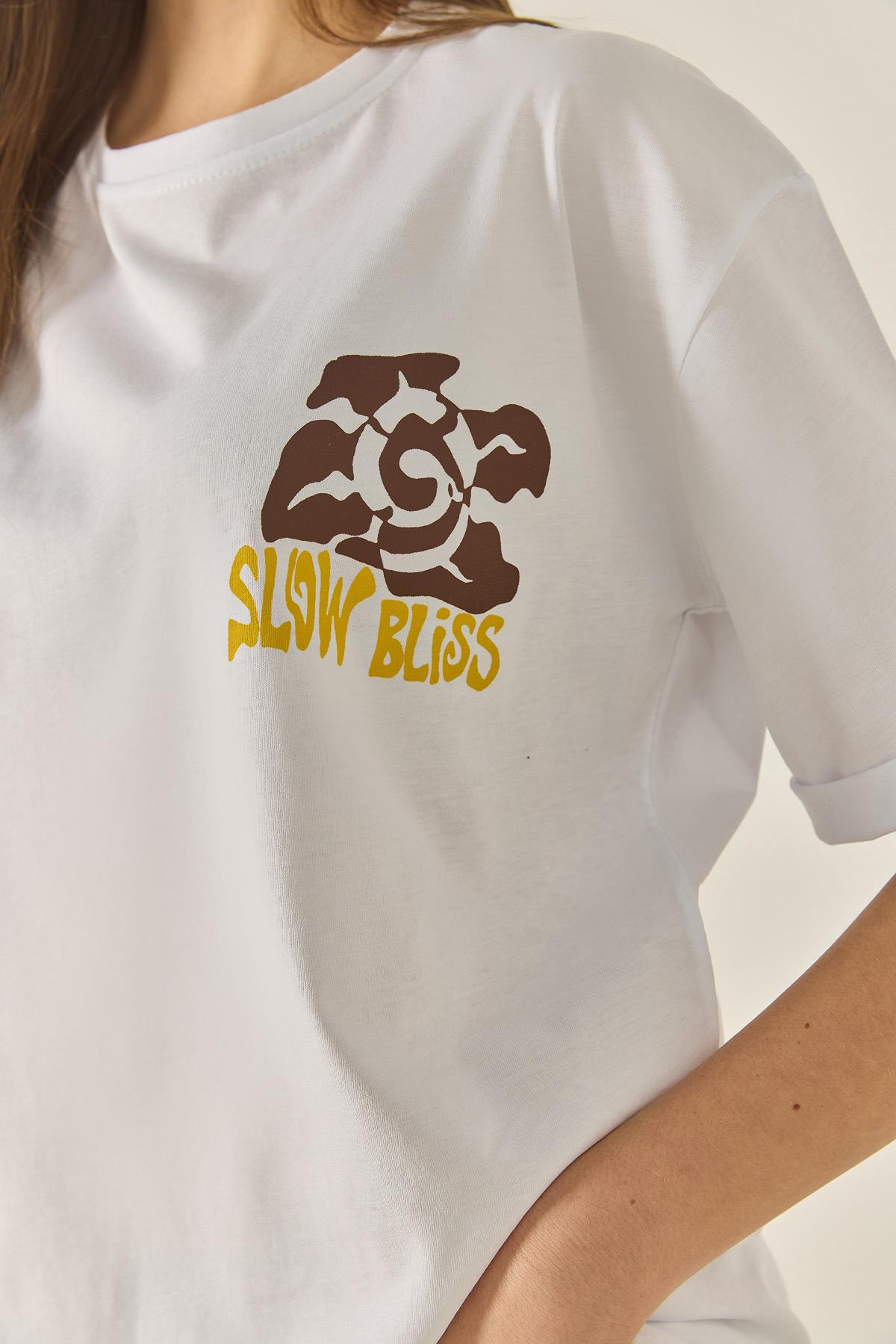 Bisiklet Çiçek Grafik Baskılı Oversize Pamuklu T-Shirt 60284050 - Beyaz