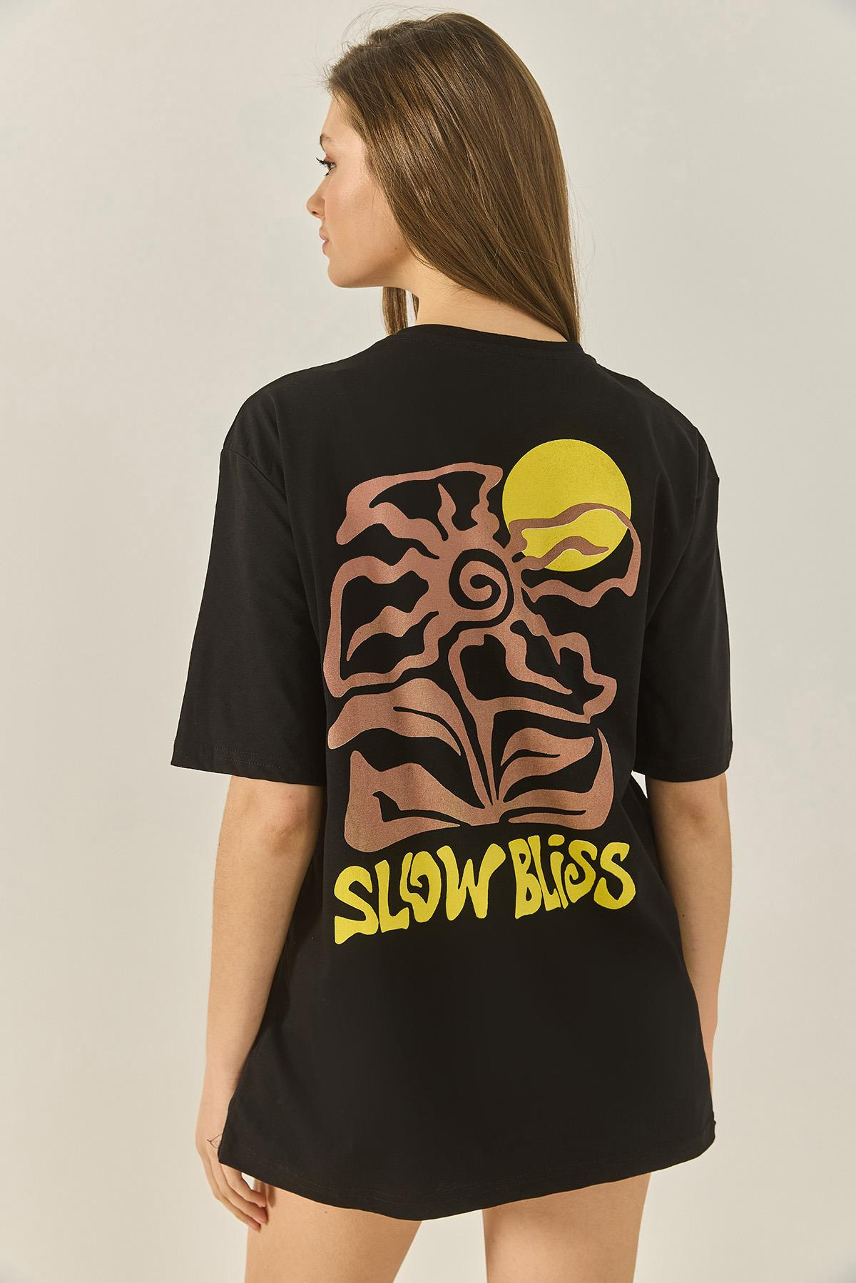 Bisiklet Çiçek Grafik Baskılı Oversize Pamuklu T-Shirt 60284050 - Siyah
