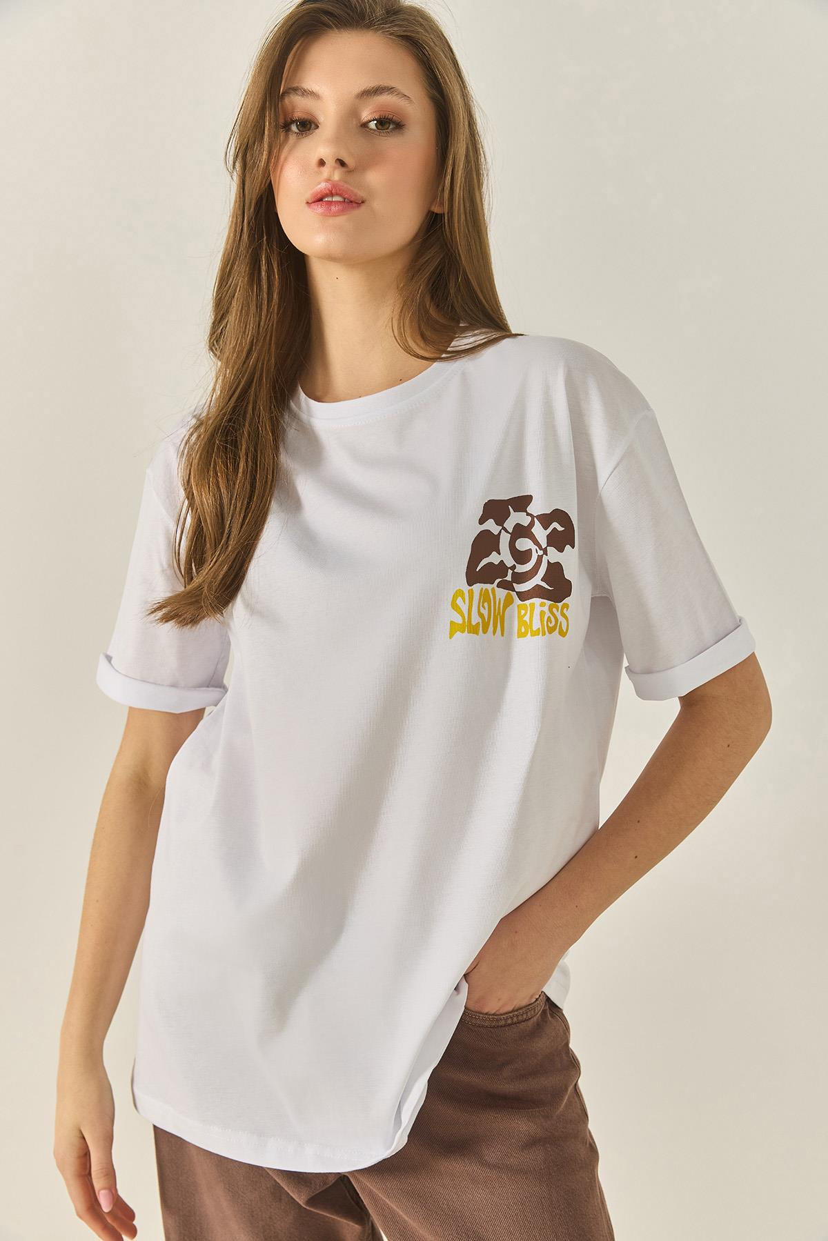 Bisiklet Çiçek Grafik Baskılı Oversize Pamuklu T-Shirt 60284050 - Beyaz