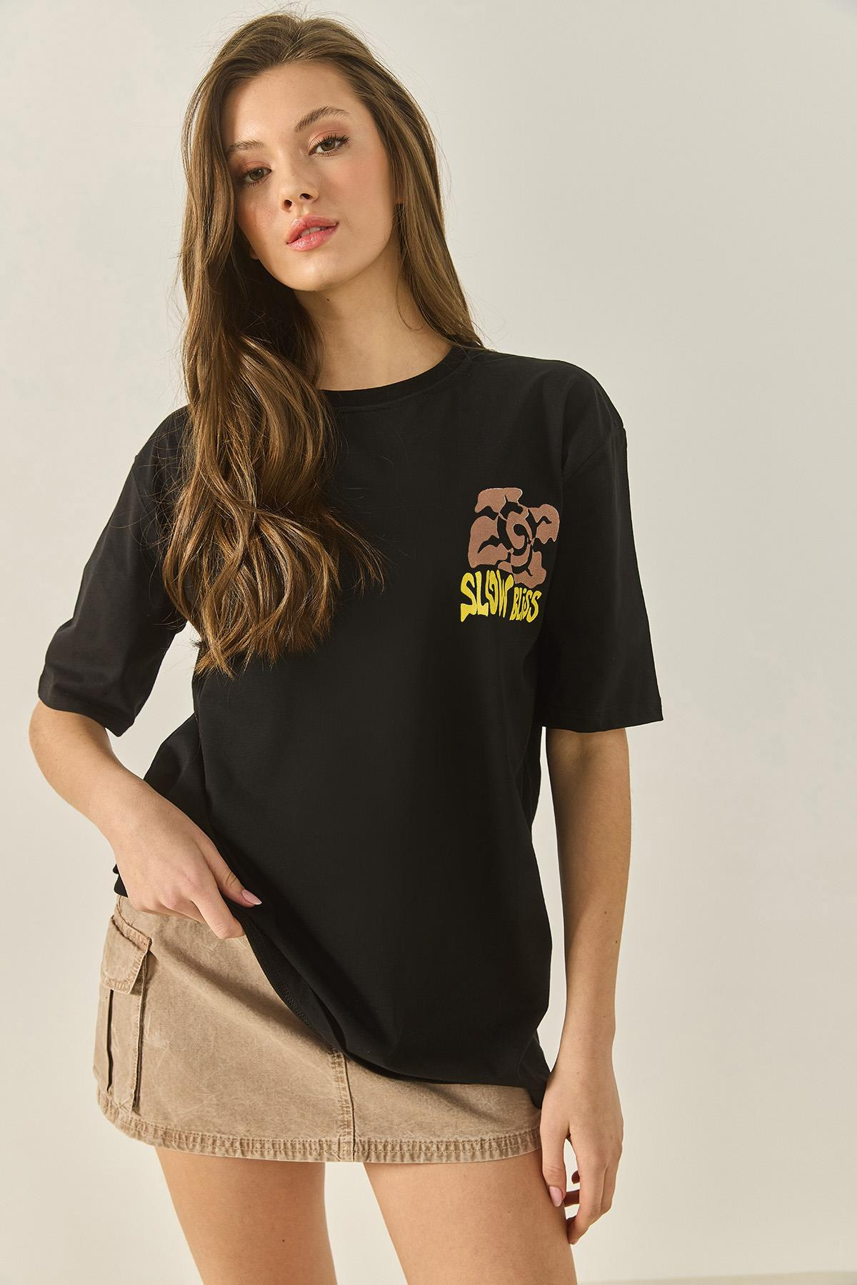 Bisiklet Çiçek Grafik Baskılı Oversize Pamuklu T-Shirt 60284050 - Siyah