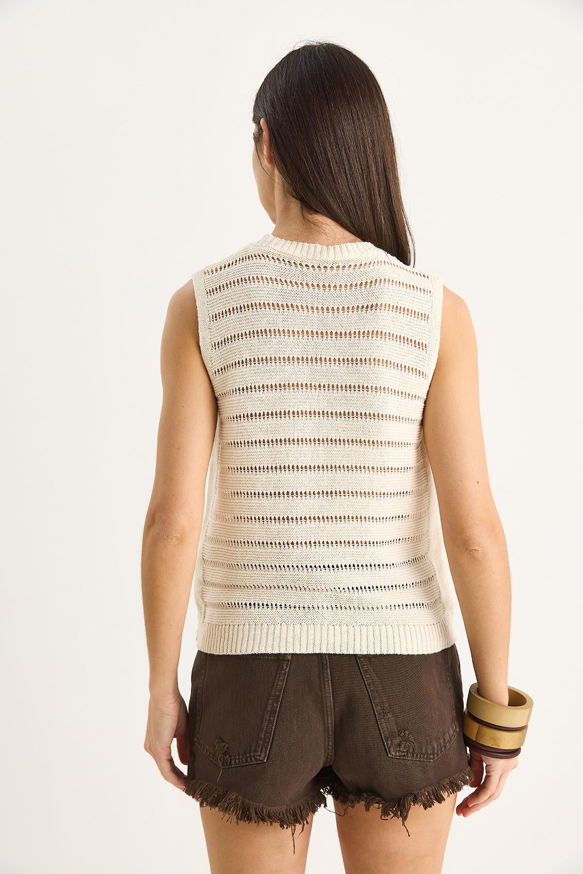 Bisiklet Yaka Ajurlu Basic Triko Bluz 20258009 - Ekru