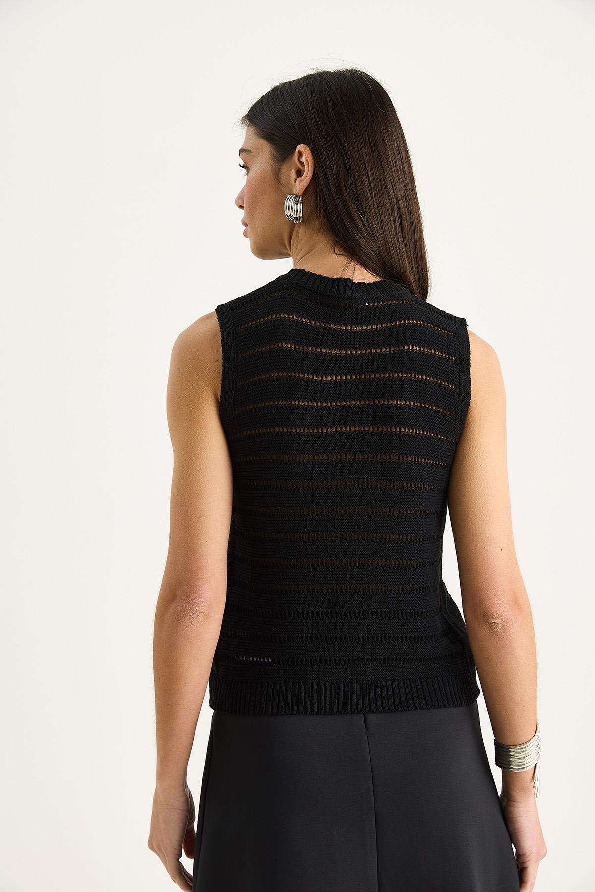 Bisiklet Yaka Ajurlu Basic Triko Bluz 20258009 - Siyah