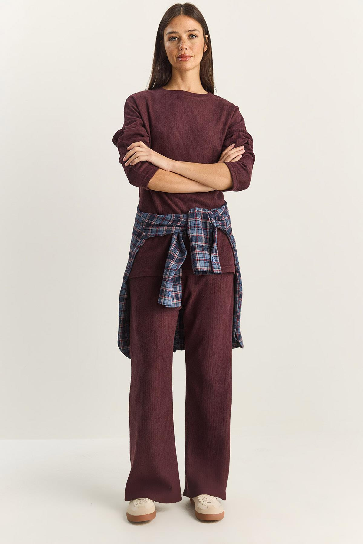 Bisiklet Yaka Basic Alt-Üst Takım 0036 60251871 - Patlıcan ALT - ÜST TAKIM modelleri