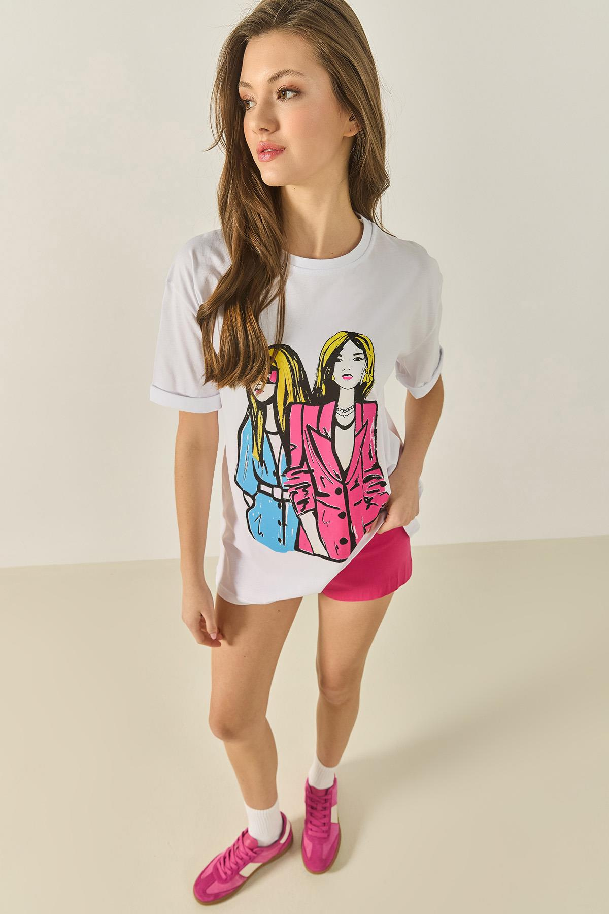 Bisiklet Yaka Baskılı Kısa Kollu Kadın T-Shirt 5242 60284049 - Beyaz
