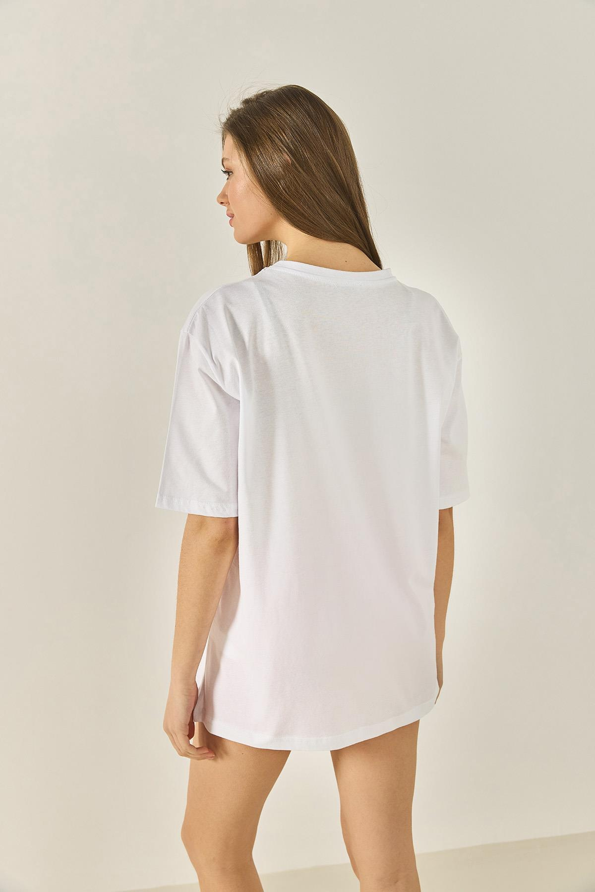 Bisiklet Yaka Baskılı Kısa Kollu Kadın T-Shirt 5242 60284049 - Beyaz