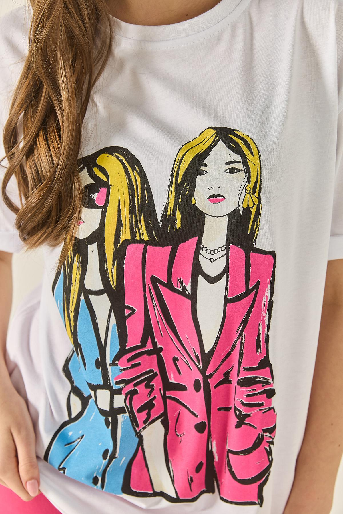 Bisiklet Yaka Baskılı Kısa Kollu Kadın T-Shirt 5242 60284049 - Beyaz