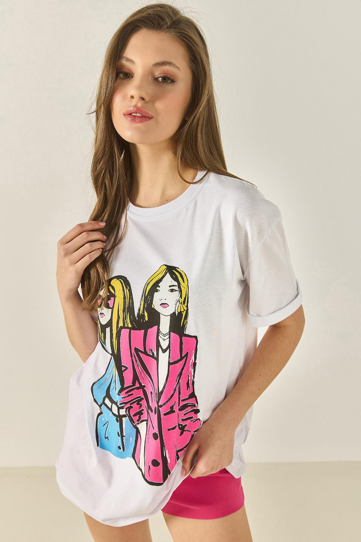 Bisiklet Yaka Baskılı Kısa Kollu Kadın T-Shirt 5242 60284049 - Beyaz