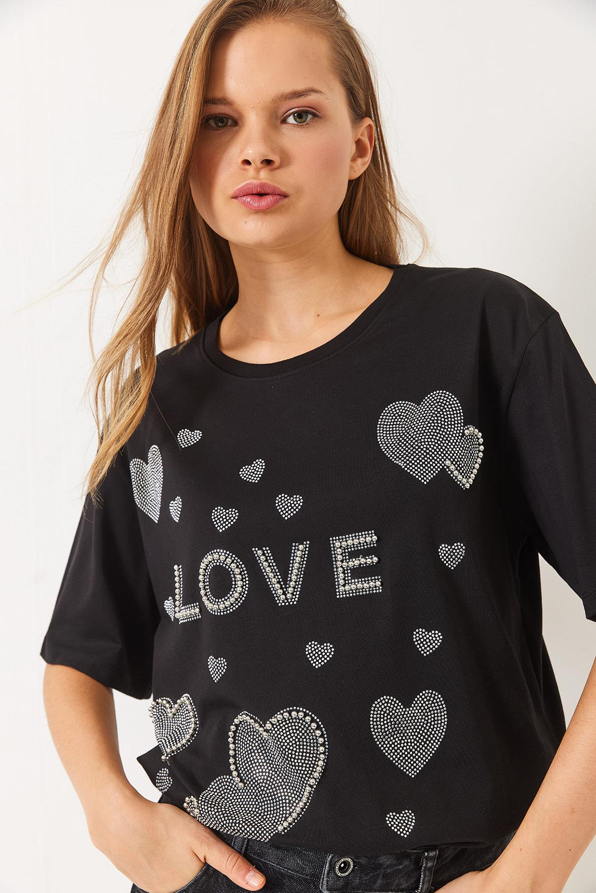 Bisiklet Yaka Boncuk ve Taş Kalp Baskılı T-Shirt 60261389 - Siyah