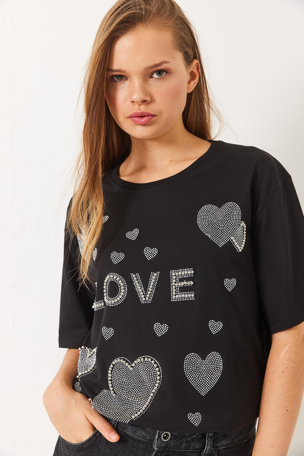 Bisiklet Yaka Boncuk ve Taş Kalp Baskılı T-Shirt 60261389 - Siyah
