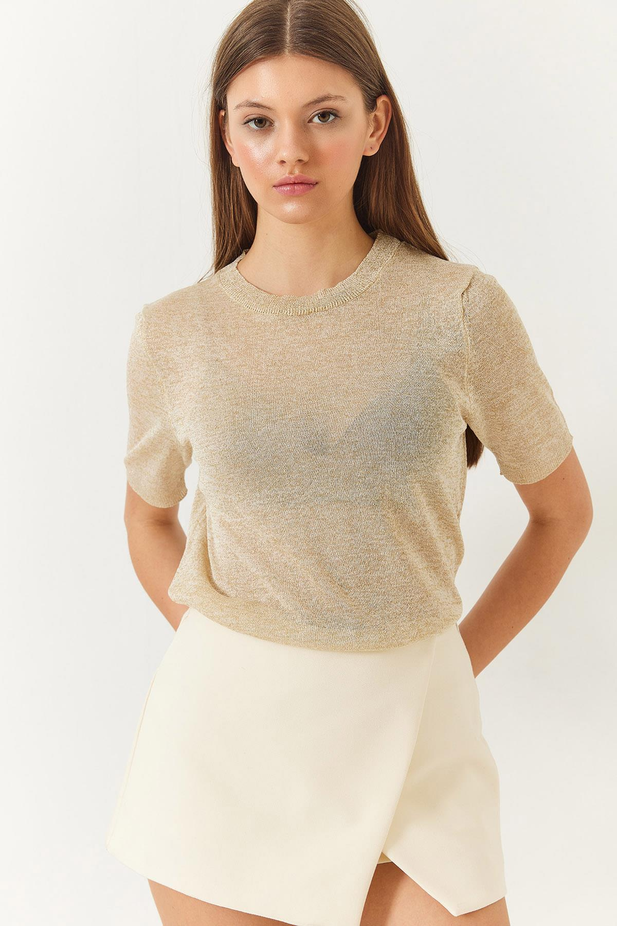 Bisiklet Yaka Kendinden Simli Kısa Kollu T-Shirt 60261443 - Bej