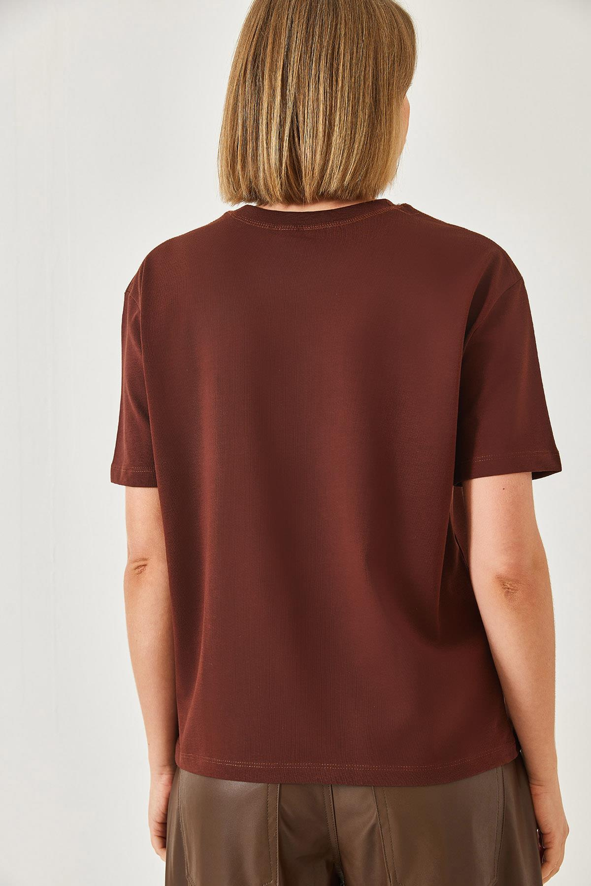 Bisiklet Yaka Leopar Baskılı Tshirt 60261345 - Kahverengi