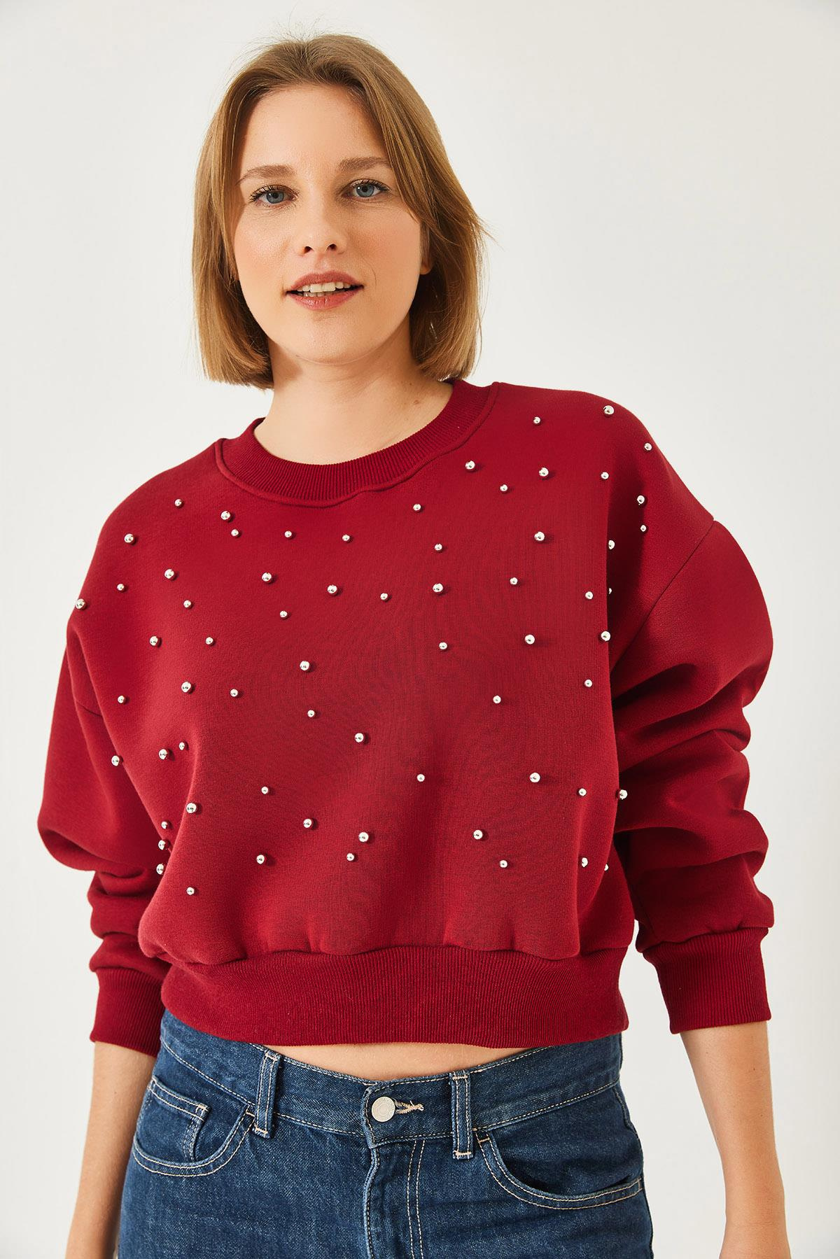 Bisiklet Yaka Önü İnci Çakmalı Üç İplik Şardonlu Sweatshırt 60601041 - Bordo