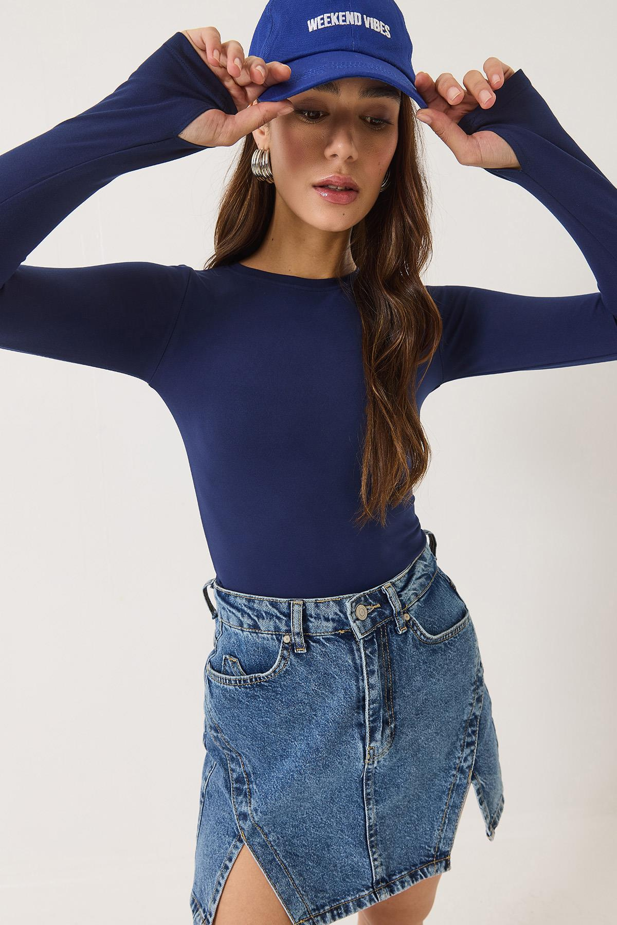 Bisiklet Yaka Parmak Geçirmeli Basic Bluz 0214 60284030 - Lacivert