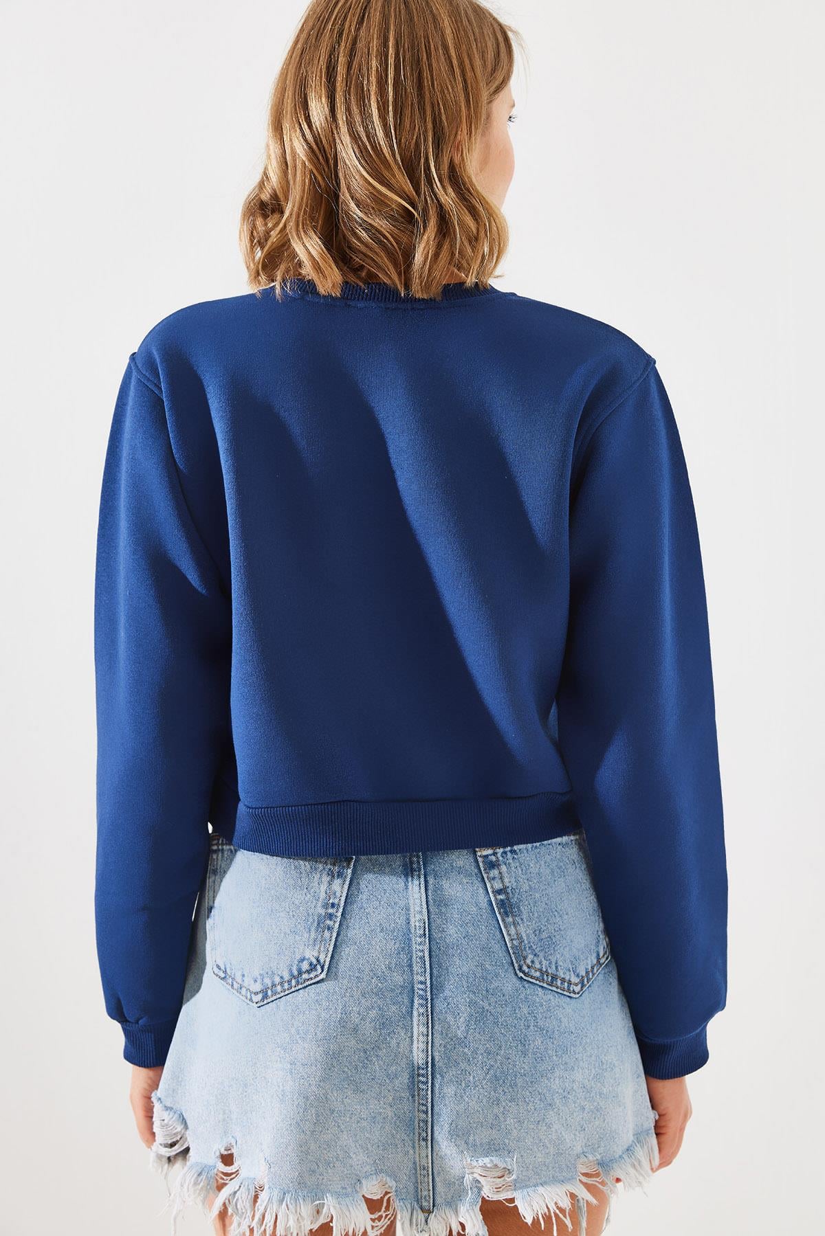 Bisiklet Yaka Şardonlu Basic Crop Sweatshirt 60251797 - Lacivert SWEATSHİRT modelleri