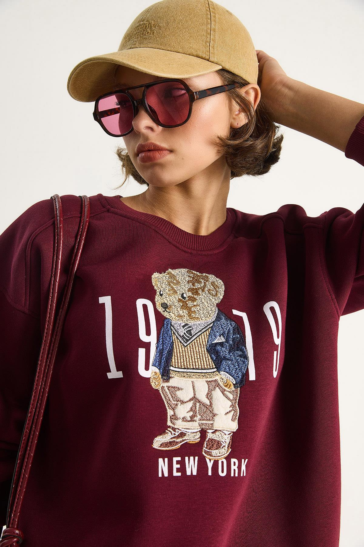 Bisiklet Yaka Teddy Nakış Detaylı Sweat 60284066 - Bordo SWEATSHİRT modelleri
