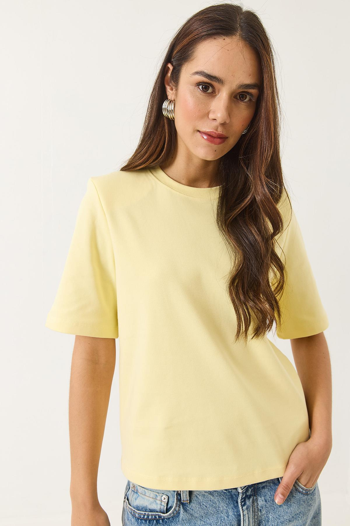 Bisiklet Yaka Vatkalı Pamuklu Basic T-Shirt 241134 60283128 - Tereyağ
