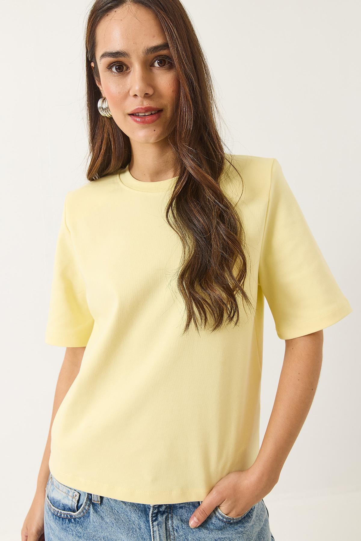 Bisiklet Yaka Vatkalı Pamuklu Basic T-Shirt 241134 60283128 - Tereyağ