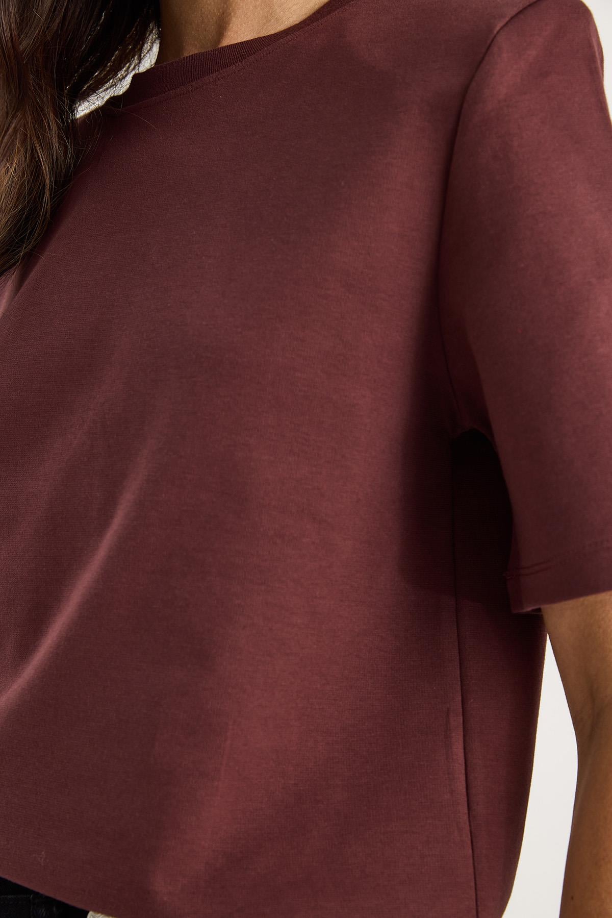 Bisiklet Yaka Vatkalı Pamuklu Basic T-Shirt 241134 60283128 - Koyu Kızıl Kahve