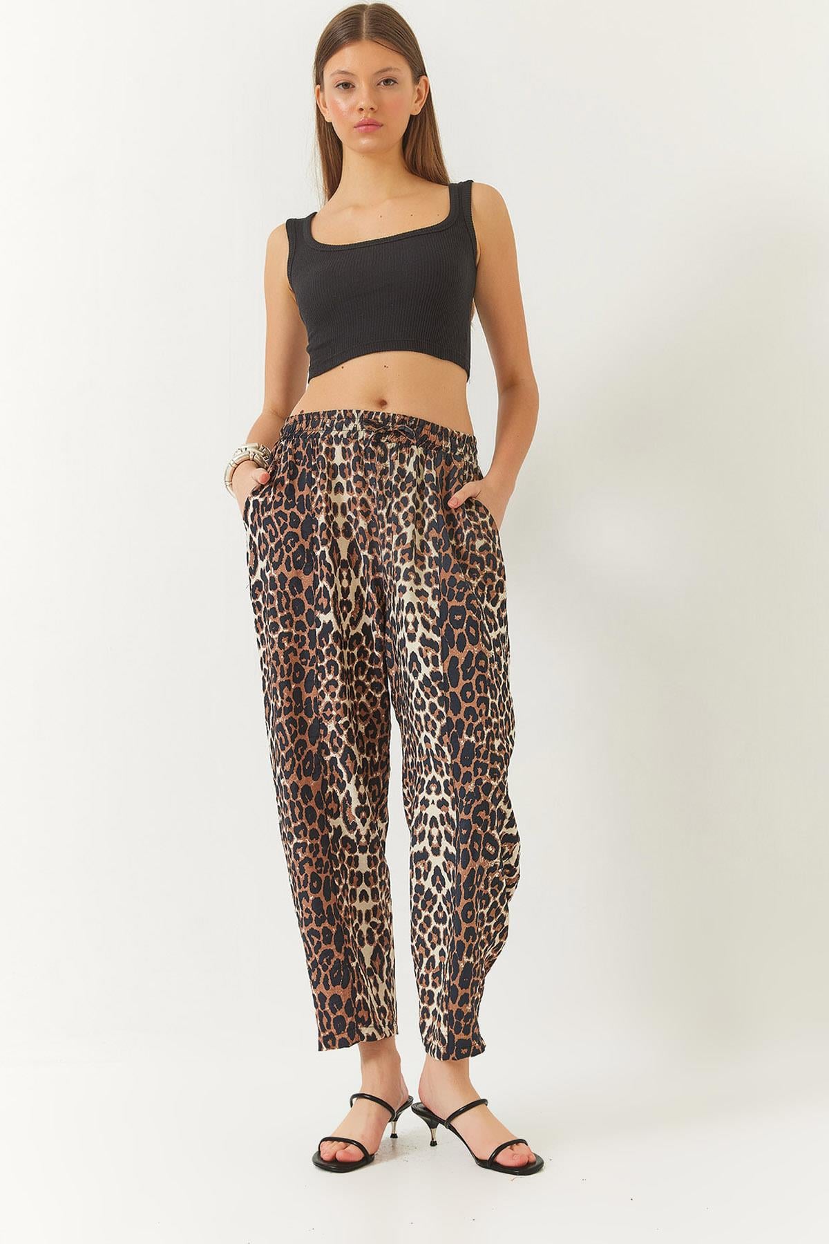 Biye Bağcıklı Leopar Desenli Şalvar Pantolon 3890 60261437 - Kahverengi-Bej