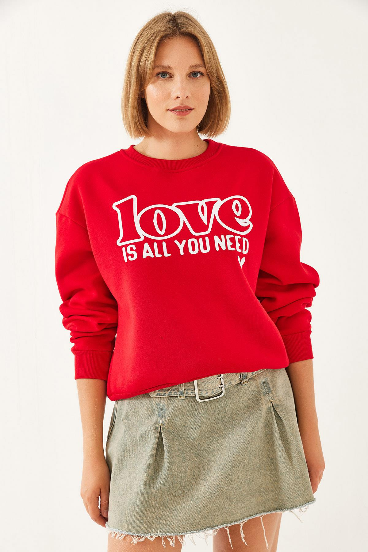 Bol Kesim Yuvarlak Yaka Sweatshirt MBHS022 60601022 - Kırmızı