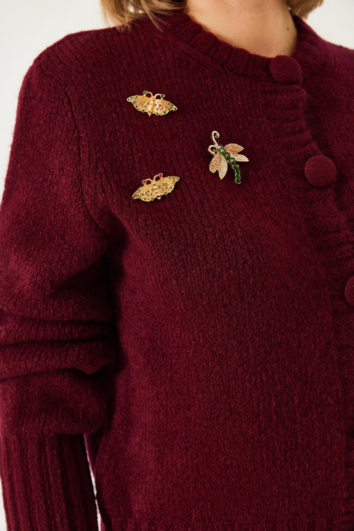 Broş Detaylı Triko Hırka 20246254 - Bordo KAZAK modelleri