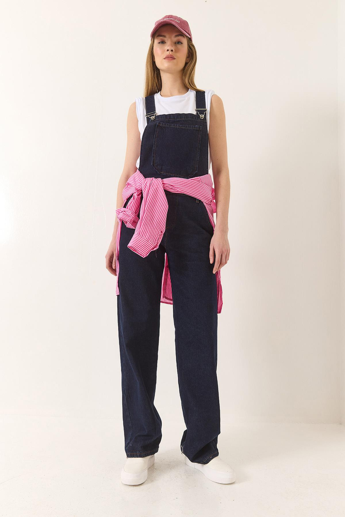 Cep Detaylı Bol Paça Denim Salopet 4029 60281037 - Lacivert