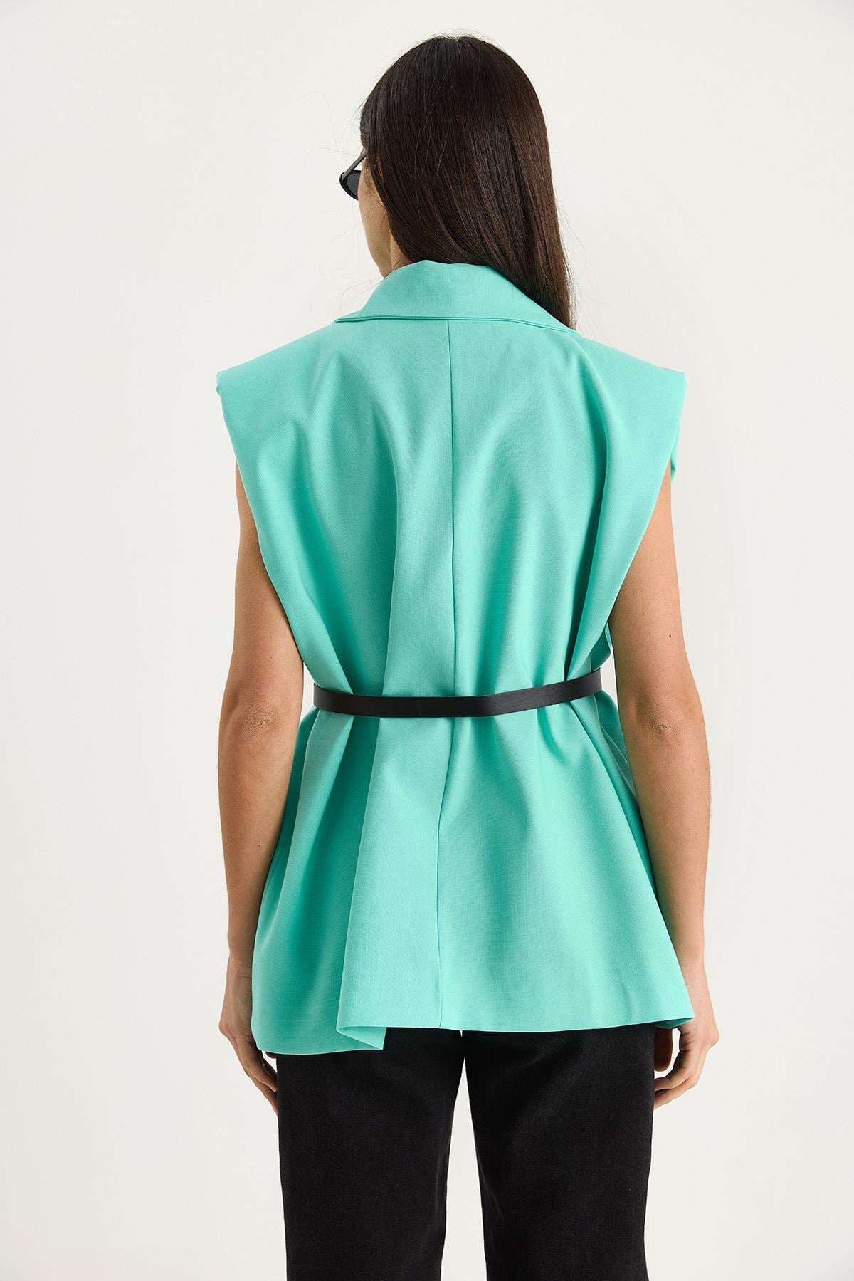 Cep Detaylı Kemerli Vatkalı Oversize Astarlı Blazer Yelek 11143 60281003 - Mint Yeşili