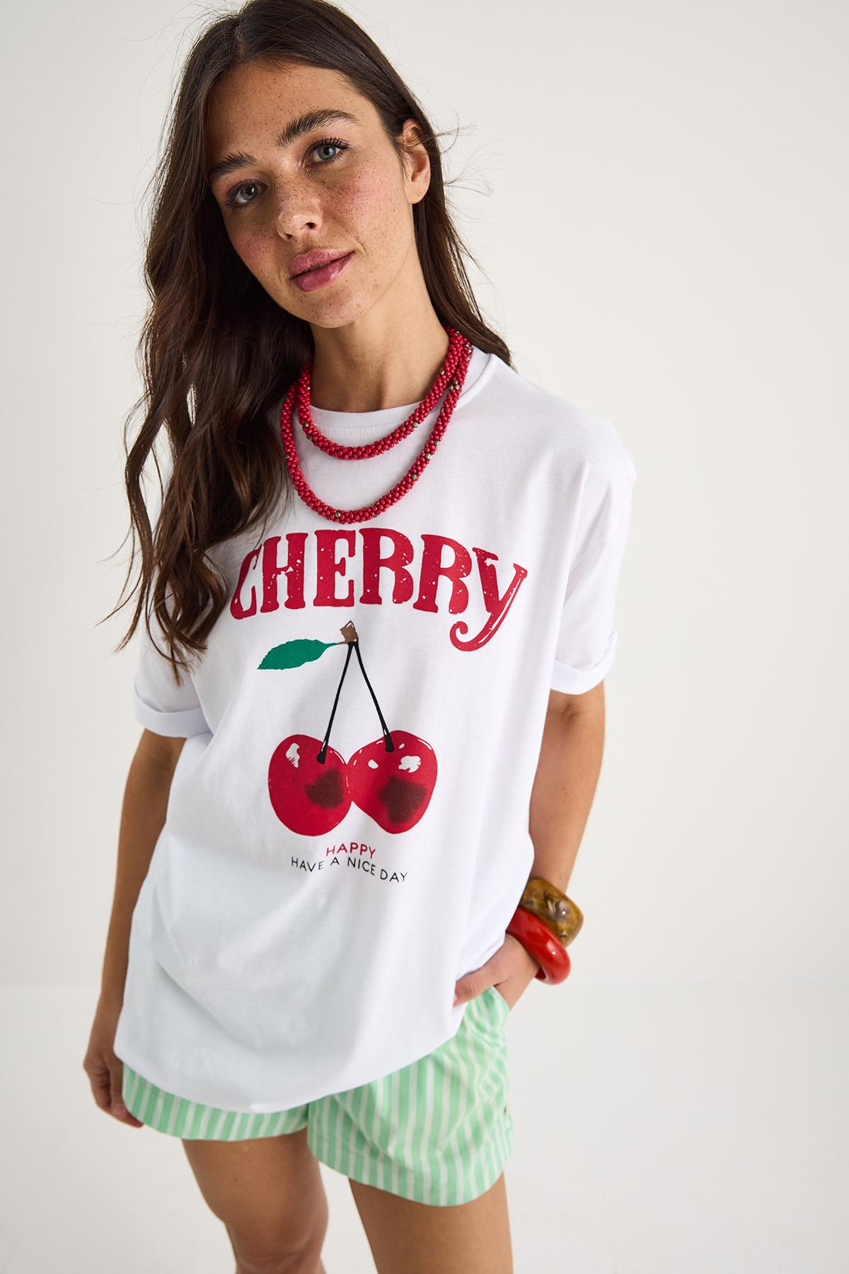 Cherry Baskılı Oversize Basic Pamuklu T-Shirt 04025 60284052 - Beyaz