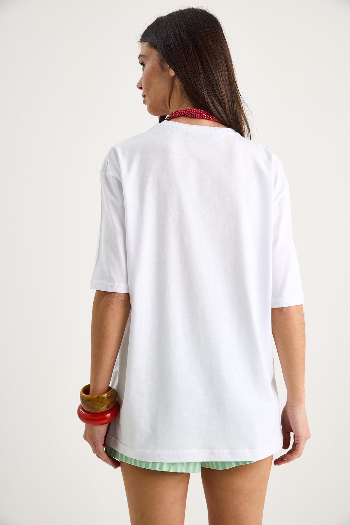 Cherry Baskılı Oversize Basic Pamuklu T-Shirt 04025 60284052 - Beyaz