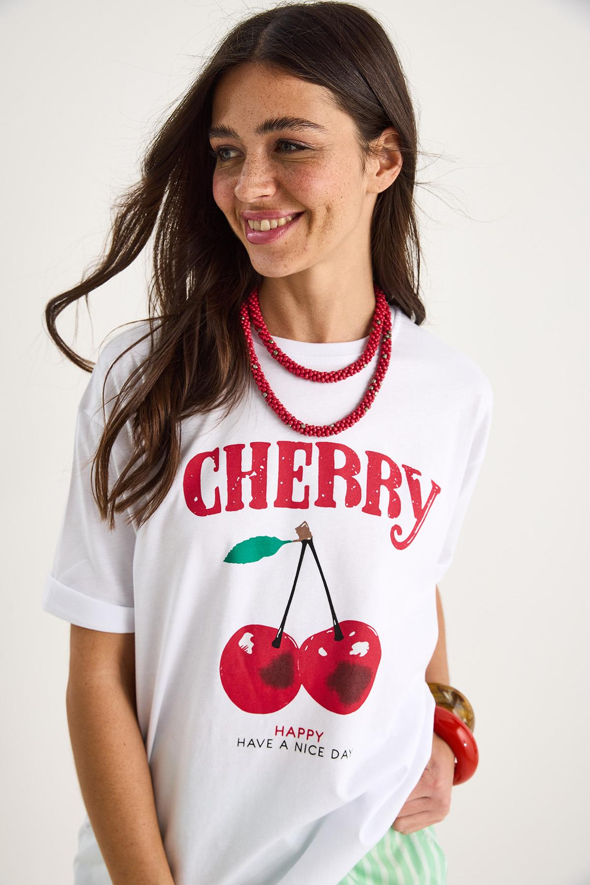 Cherry Baskılı Oversize Basic Pamuklu T-Shirt 04025 60284052 - Beyaz