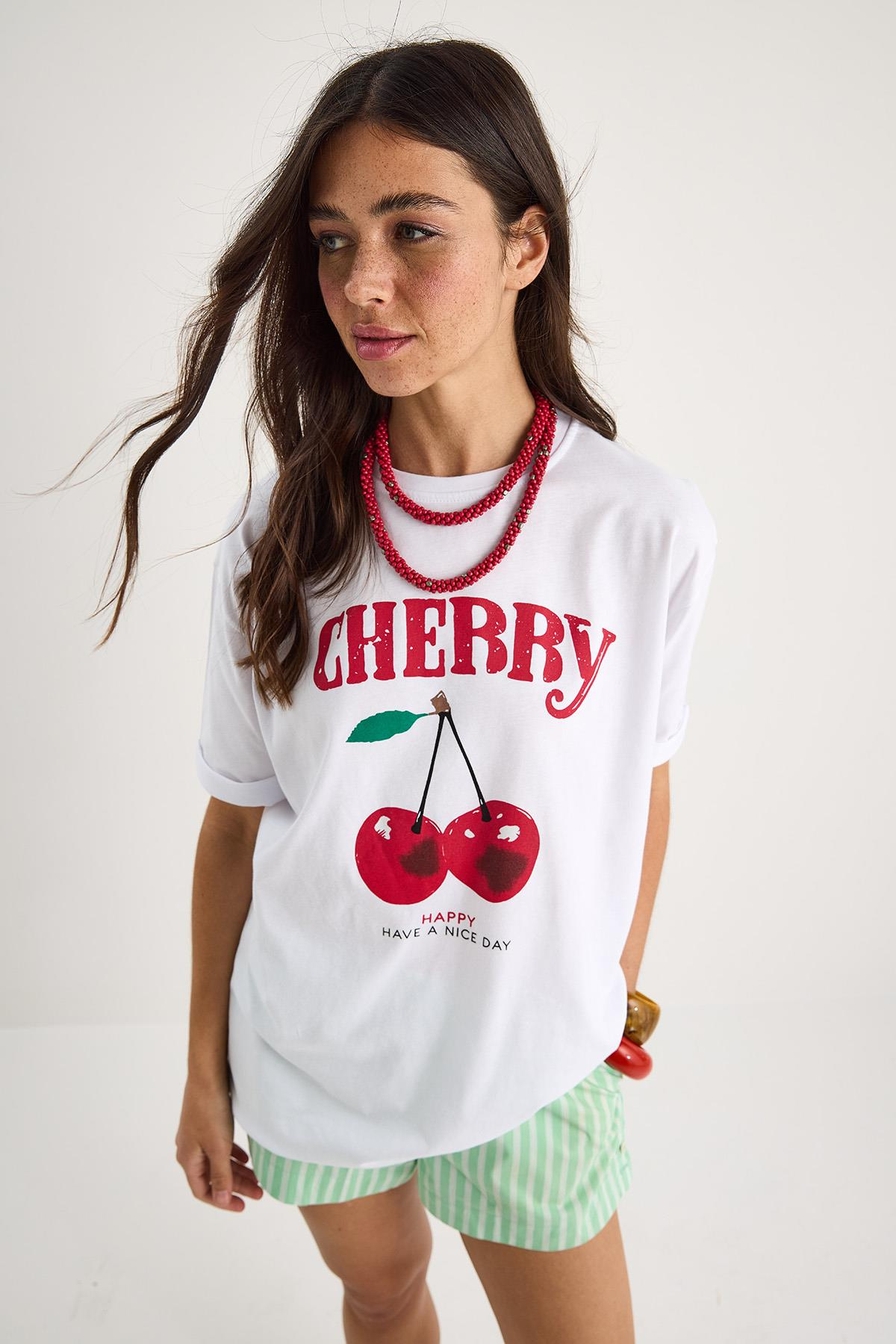 Cherry Baskılı Oversize Basic Pamuklu T-Shirt 04025 60284052 - Beyaz