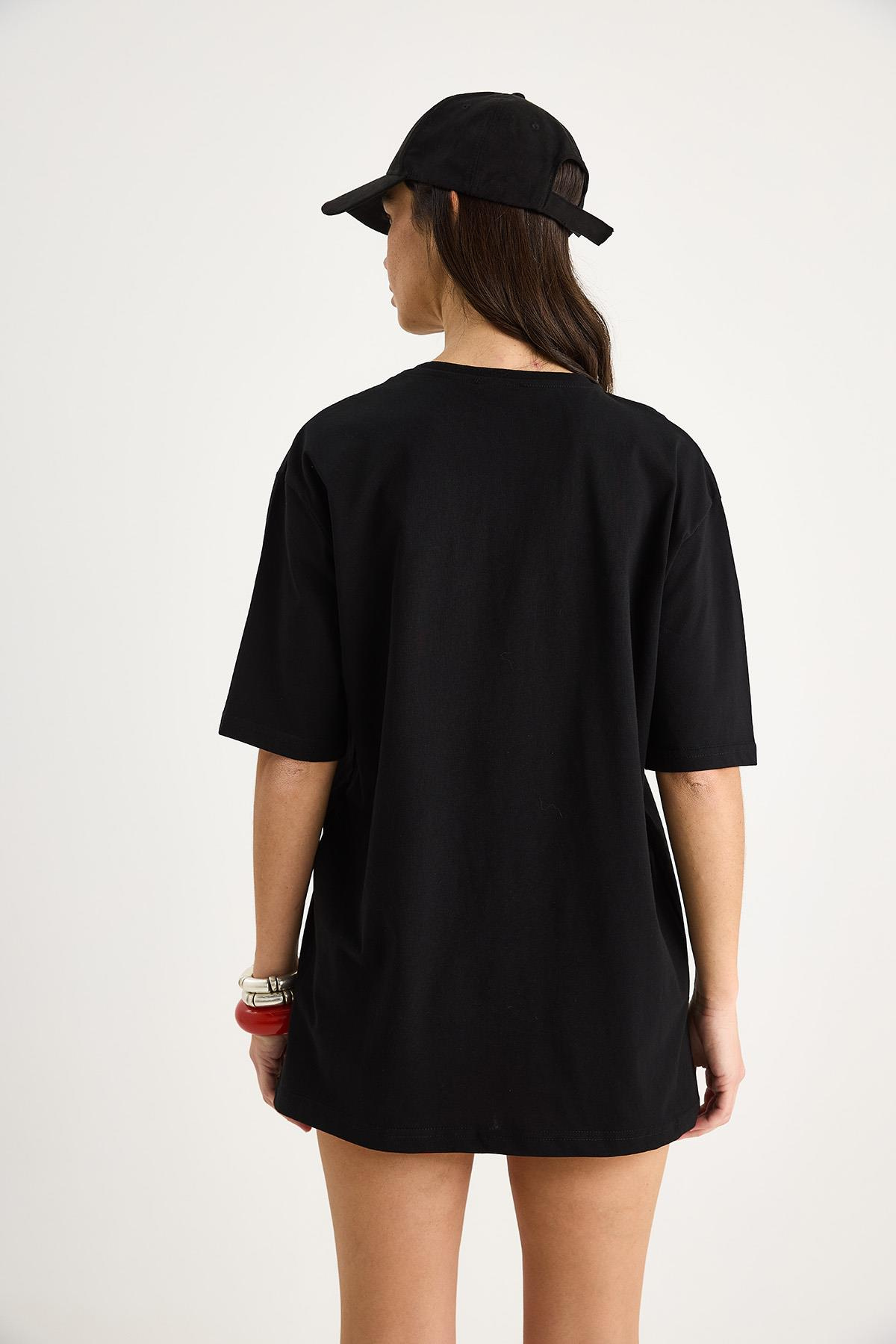 Cherry Baskılı Oversize Basic Pamuklu T-Shirt 04025 60284052 - Siyah