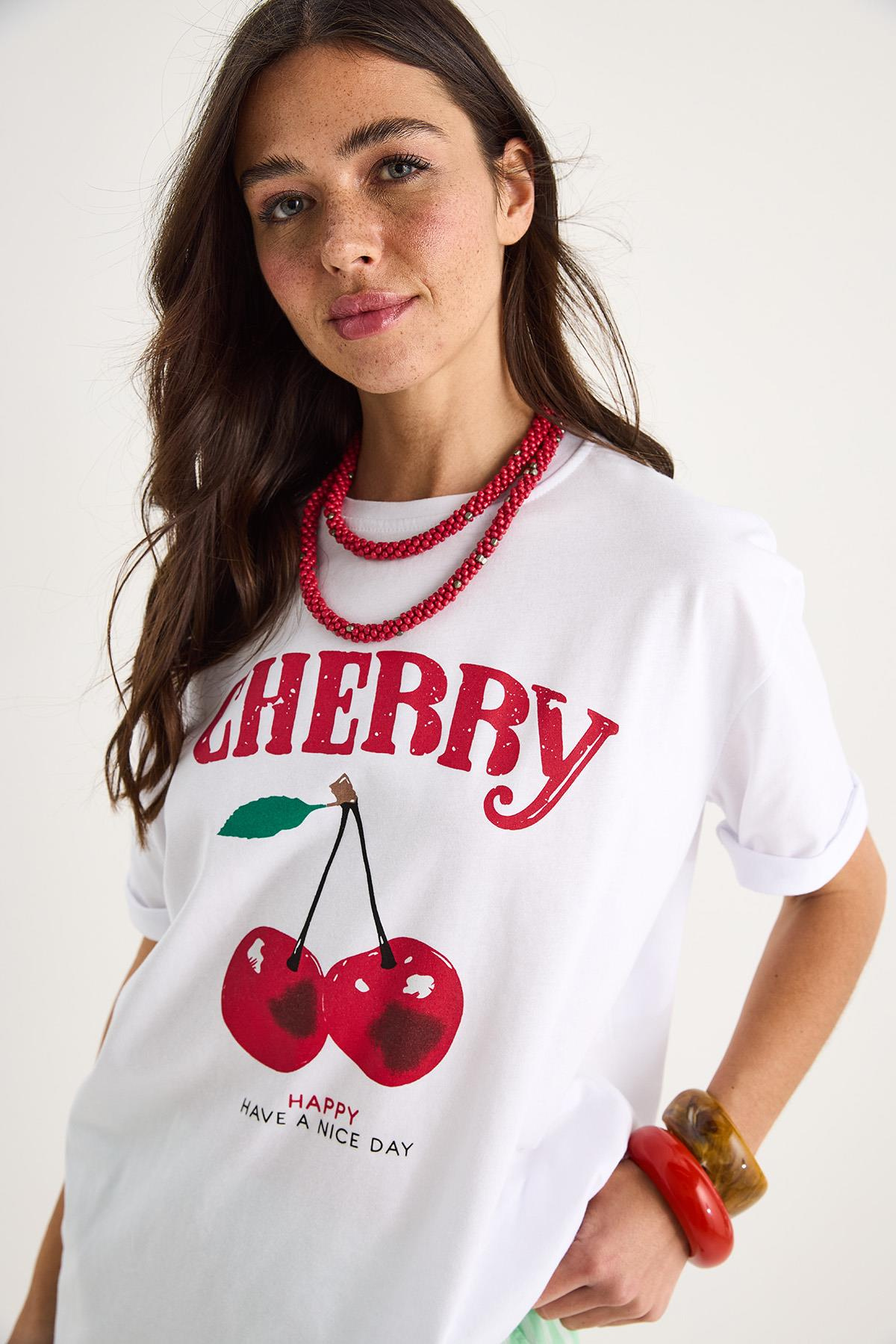 Cherry Baskılı Oversize Basic Pamuklu T-Shirt 04025 60284052 - Beyaz