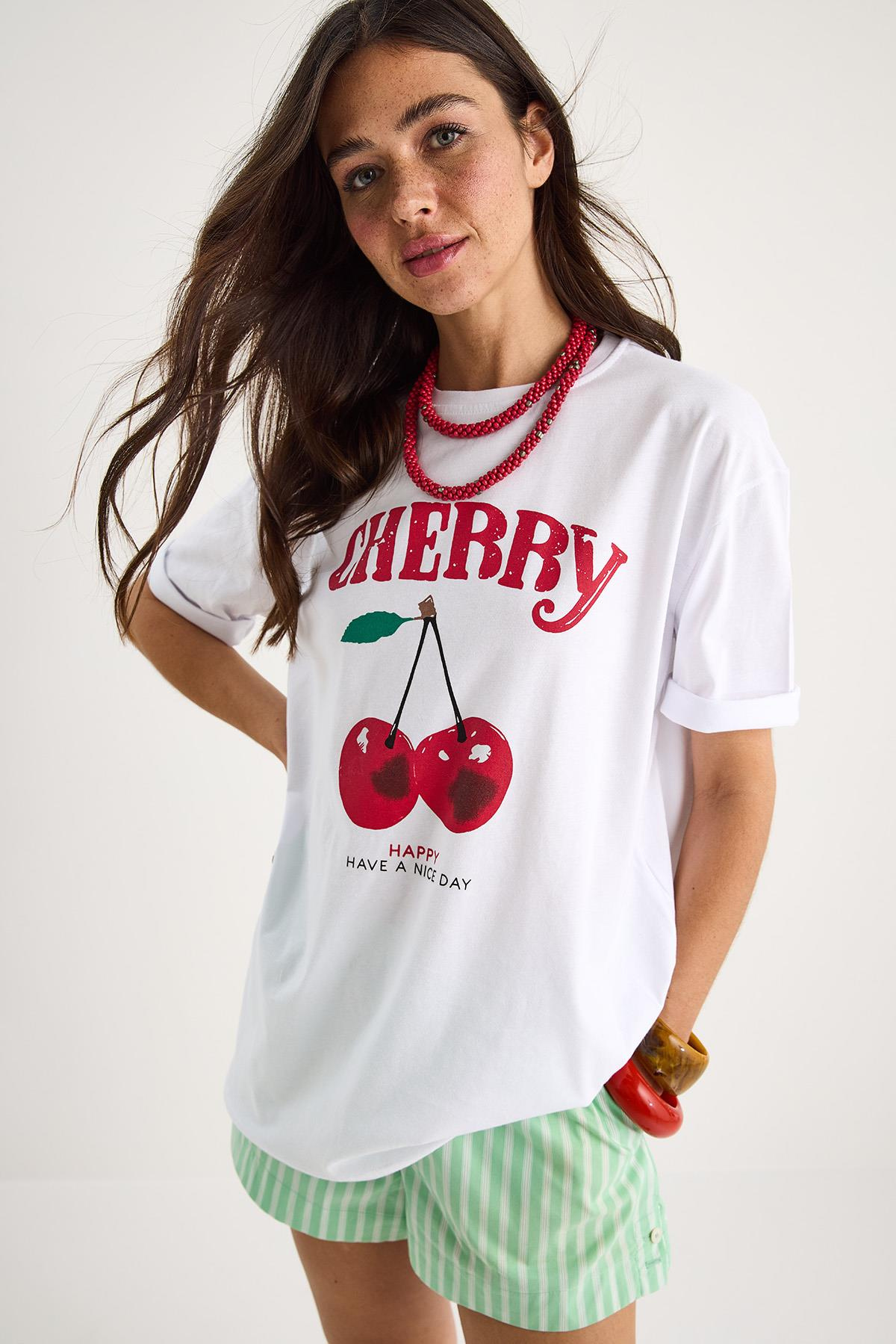 Cherry Baskılı Oversize Basic Pamuklu T-Shirt 04025 60284052 - Beyaz