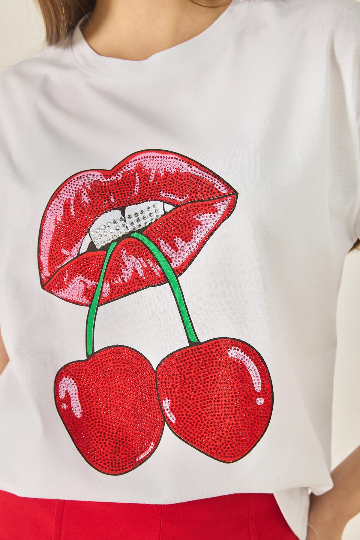 Cherry Lips Baskılı Taş Detaylı Normal Kalıp T-Shirt 4137 60283298 - Beyaz
