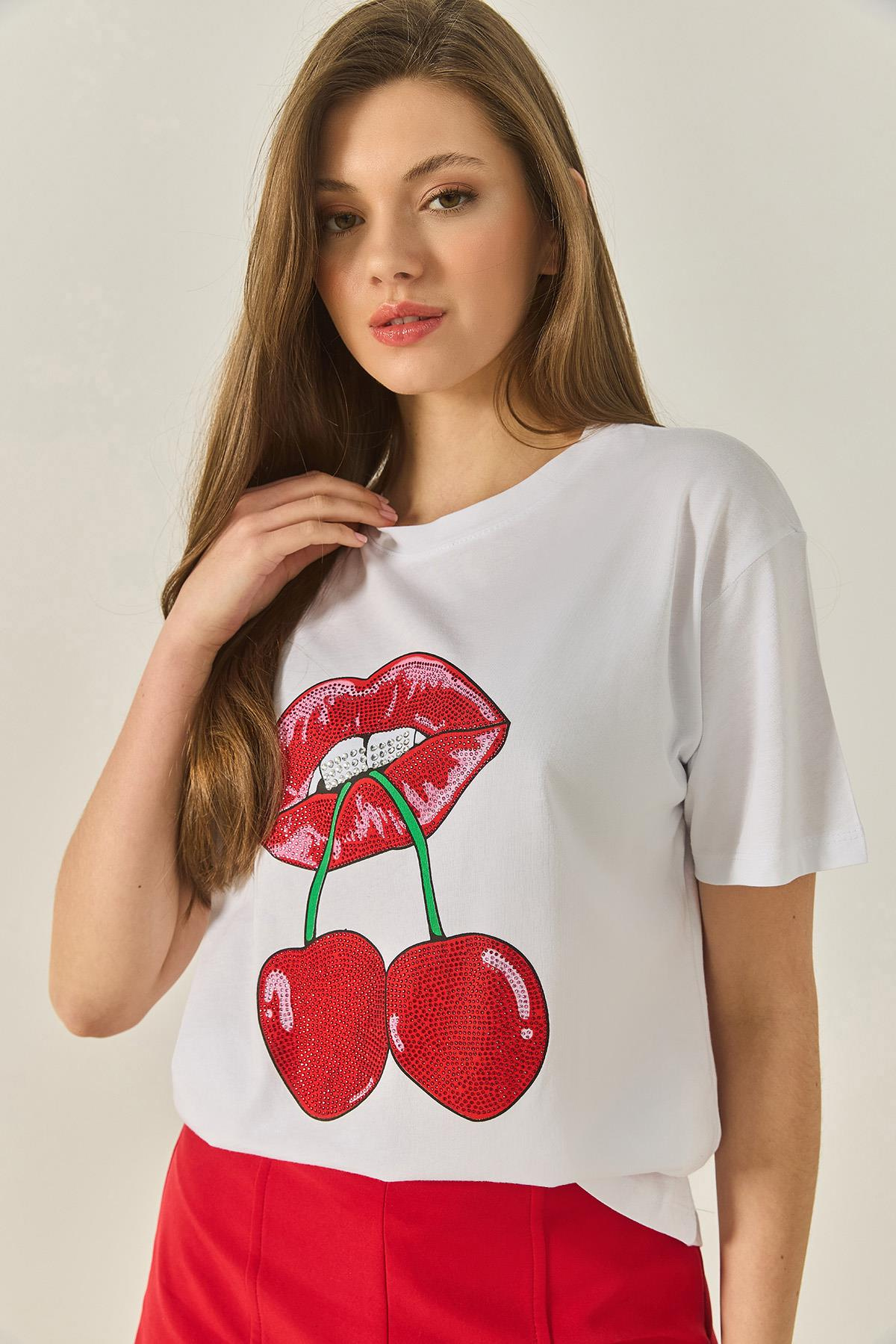 Cherry Lips Baskılı Taş Detaylı Normal Kalıp T-Shirt 4137 60283298 - Beyaz