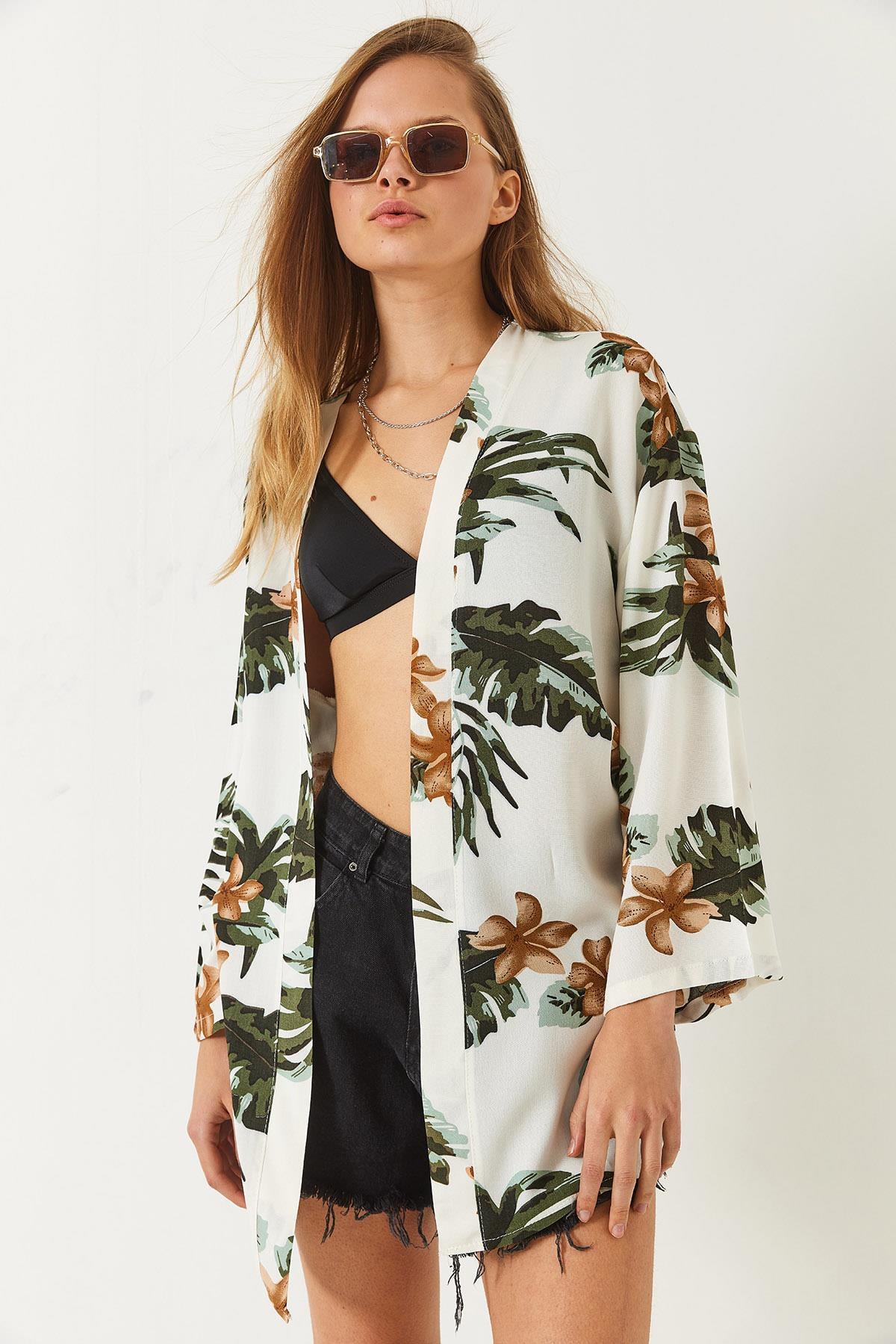 Çiçek Desenli Kısa Viskon Kimono 60261498 - Ekru