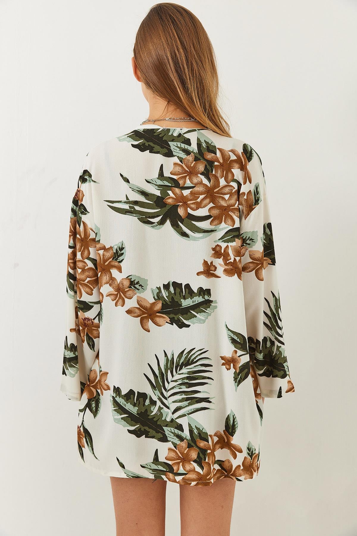 Çiçek Desenli Kısa Viskon Kimono 60261498 - Ekru