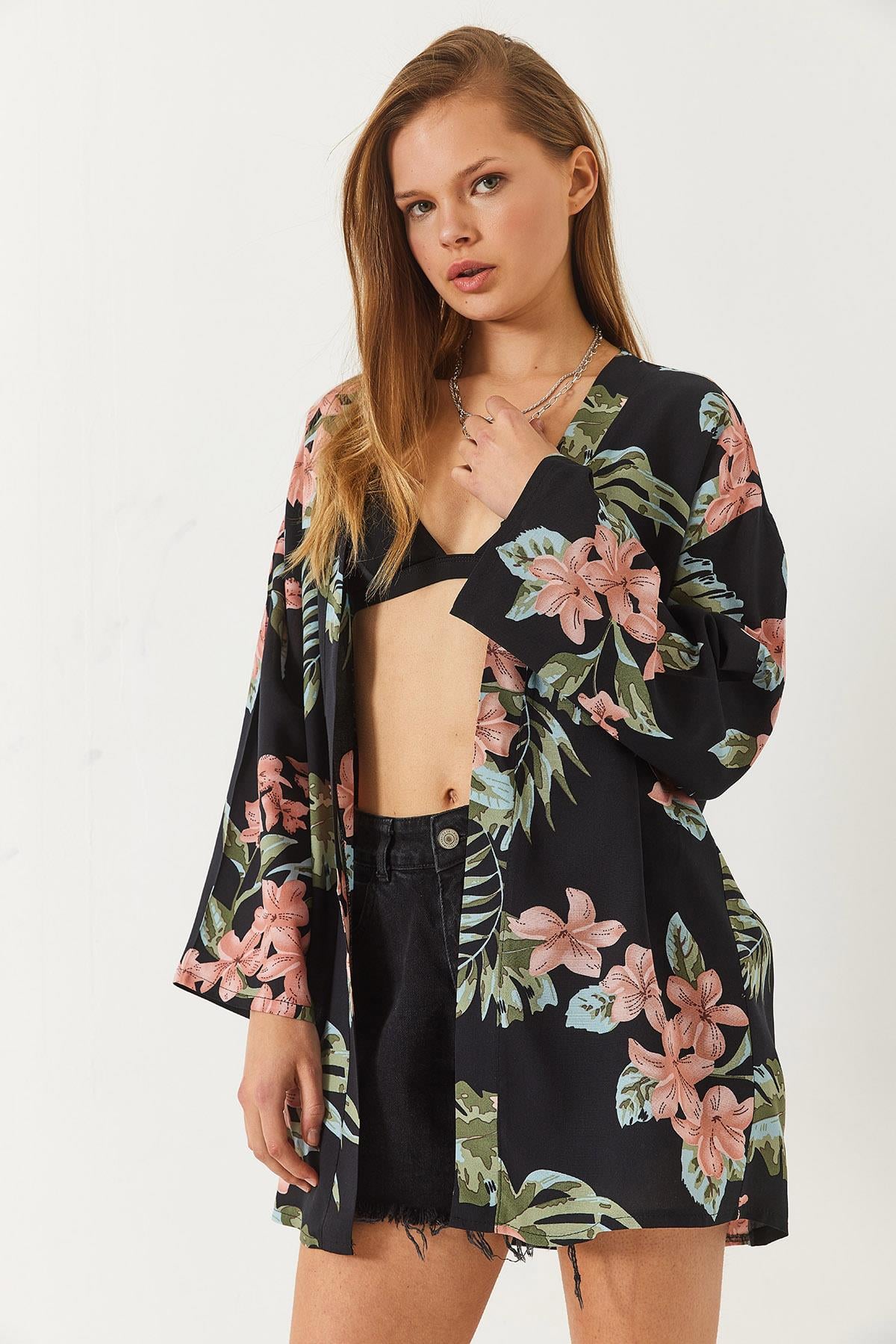 Çiçek Desenli Kısa Viskon Kimono 60261498 - Siyah