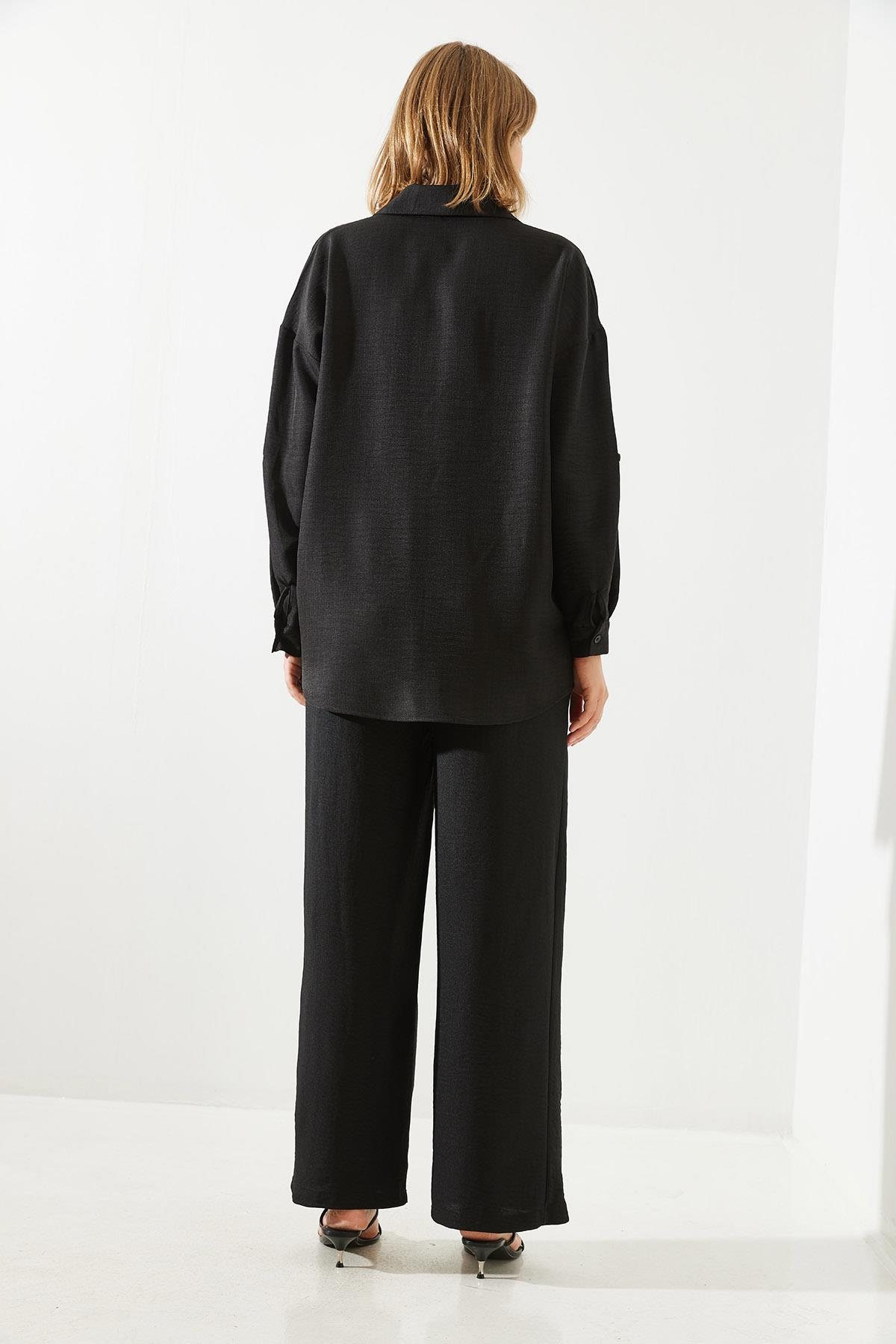 Çiçek Desenli Nakış İşlemeli Keten Oversize Alt-Üst Takım MBMS029 60501029 - Siyah