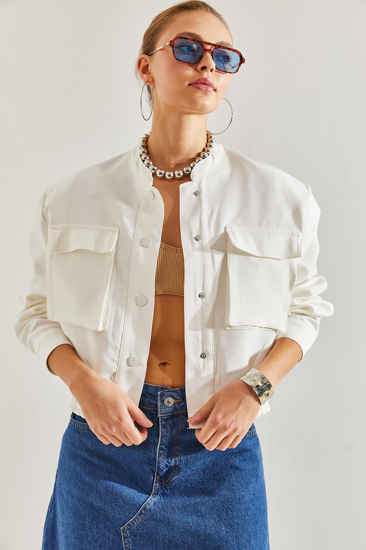 Çift Cepli Bomber Ceket - Beyaz CEKET modelleri