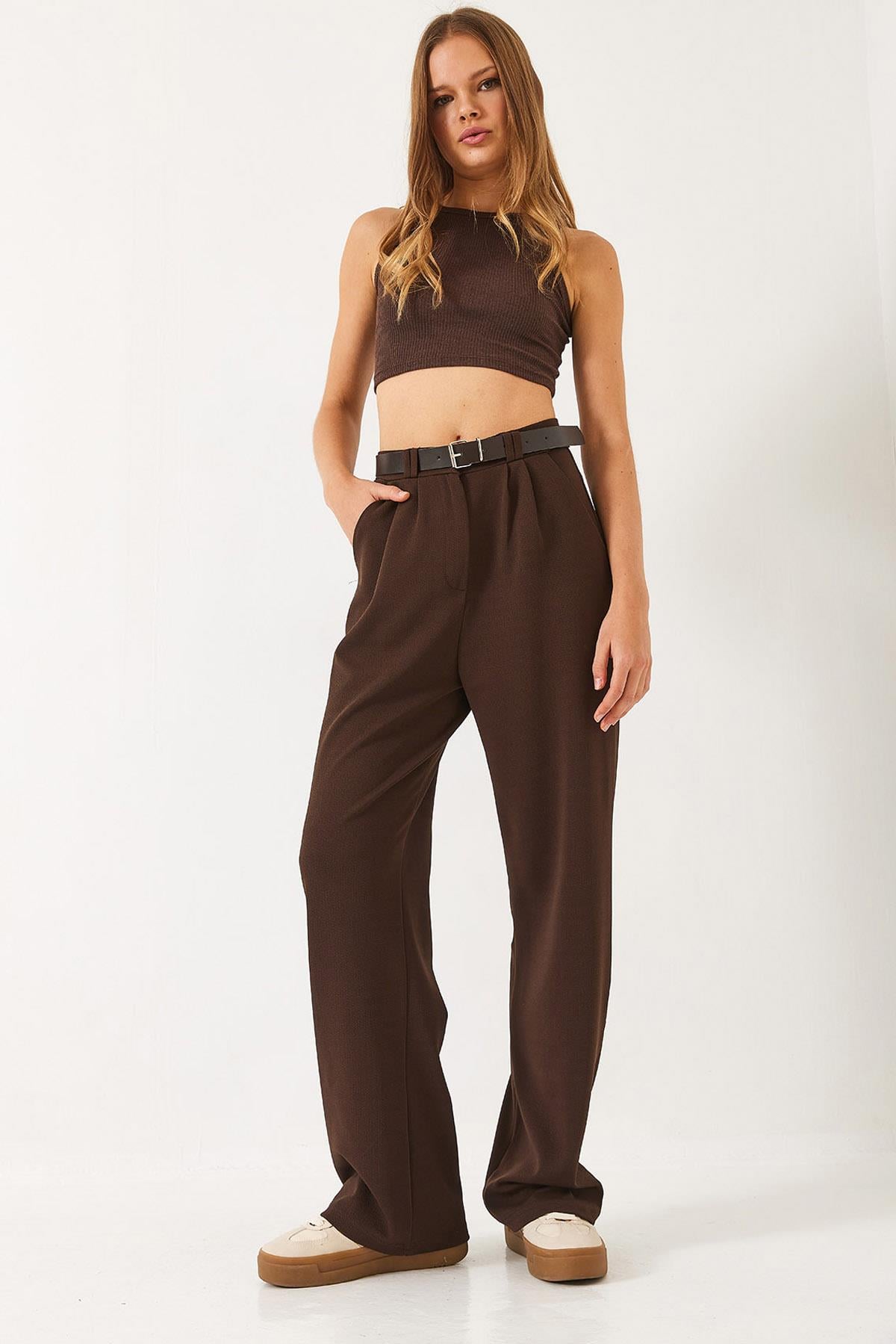 Çift Pile Detaylı Kemerli Örme Pantolon 3851 60261449 - Acı Kahve